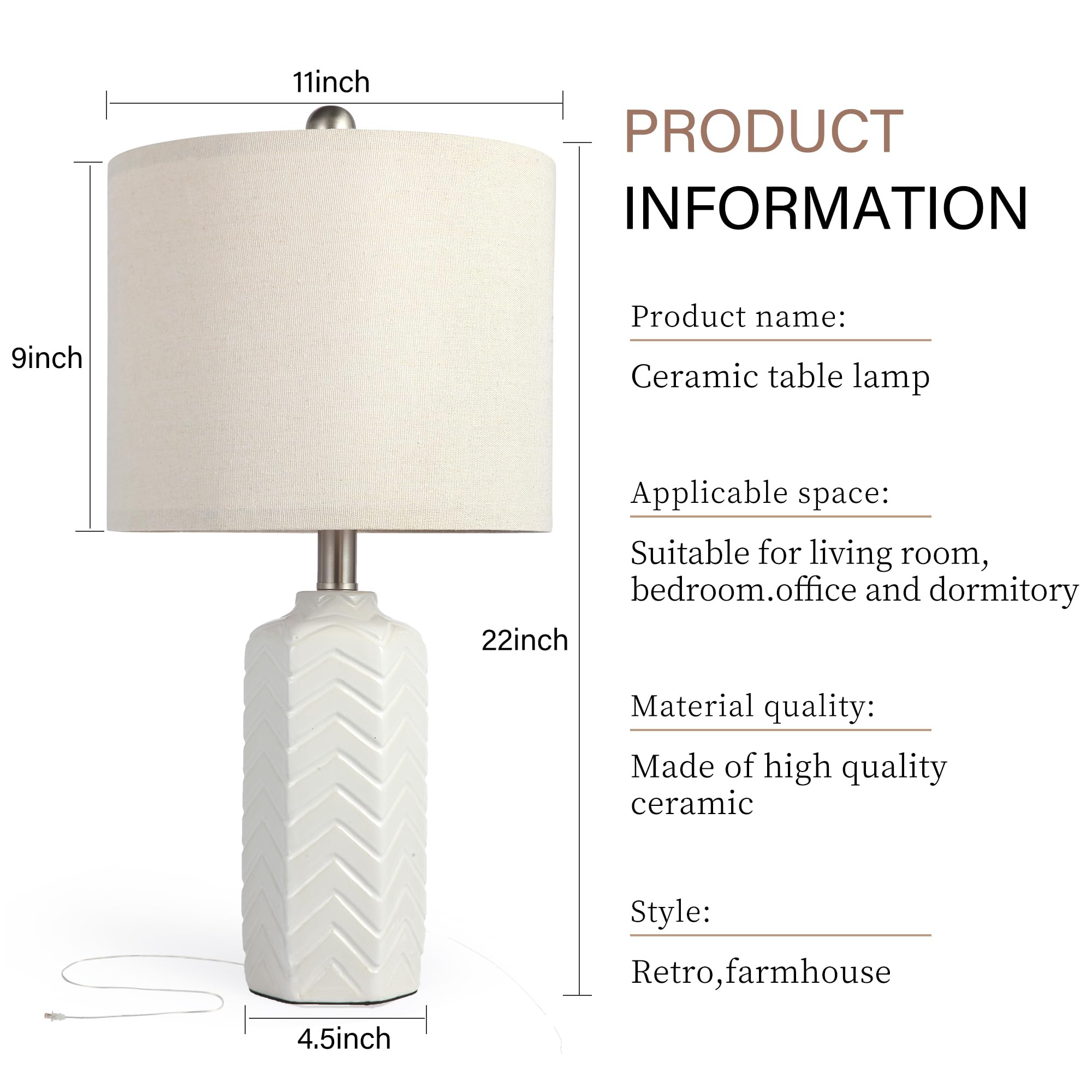 Ikopyal 22'' Ceramic Table Lamp Set Of 2 For Living Room White Desk Lamps For Bedroom Farmhouse Bedside Nightstand Lamp End Tabl