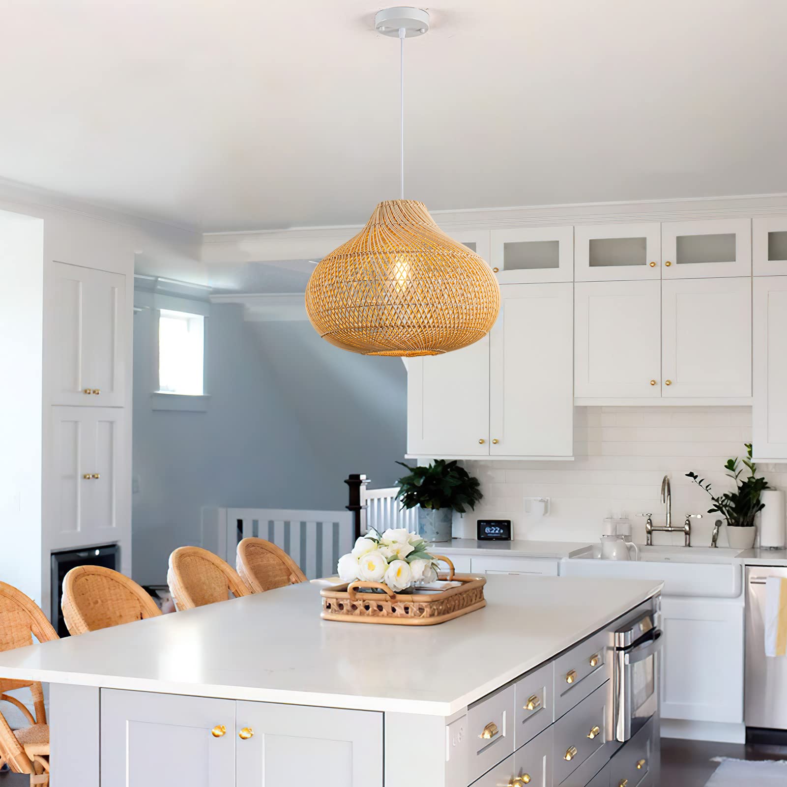 Karjearl Rattan Pendant Light - Boho Wicker Chandelier For Dining Room & Kitchen Island, Raindrop Light