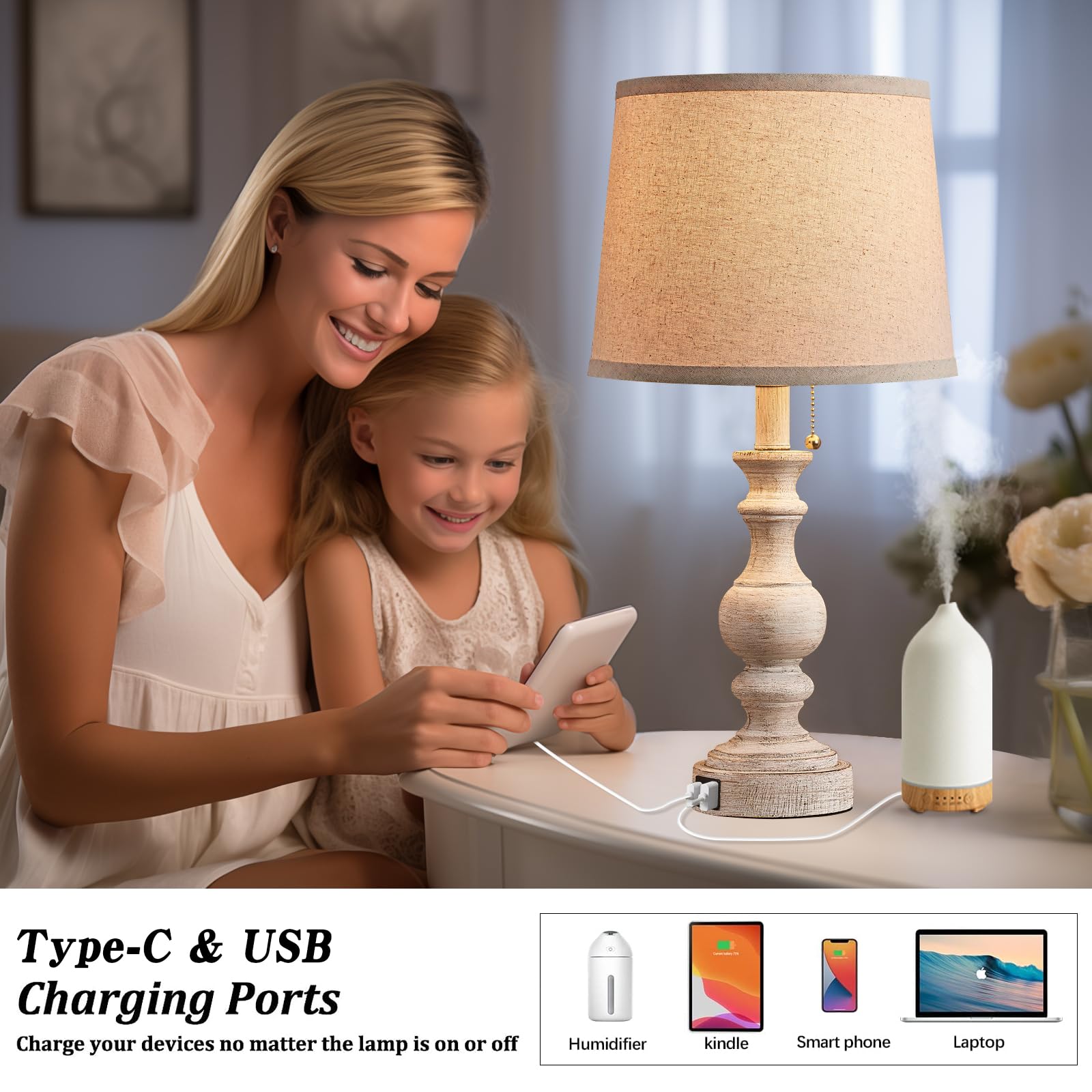 Booucuu Table Lamp For Bedroom Set Of 2 Farmhouse Bedside Lamps For Nightstand With Usb C+A Charging Ports Traditional Table Lam