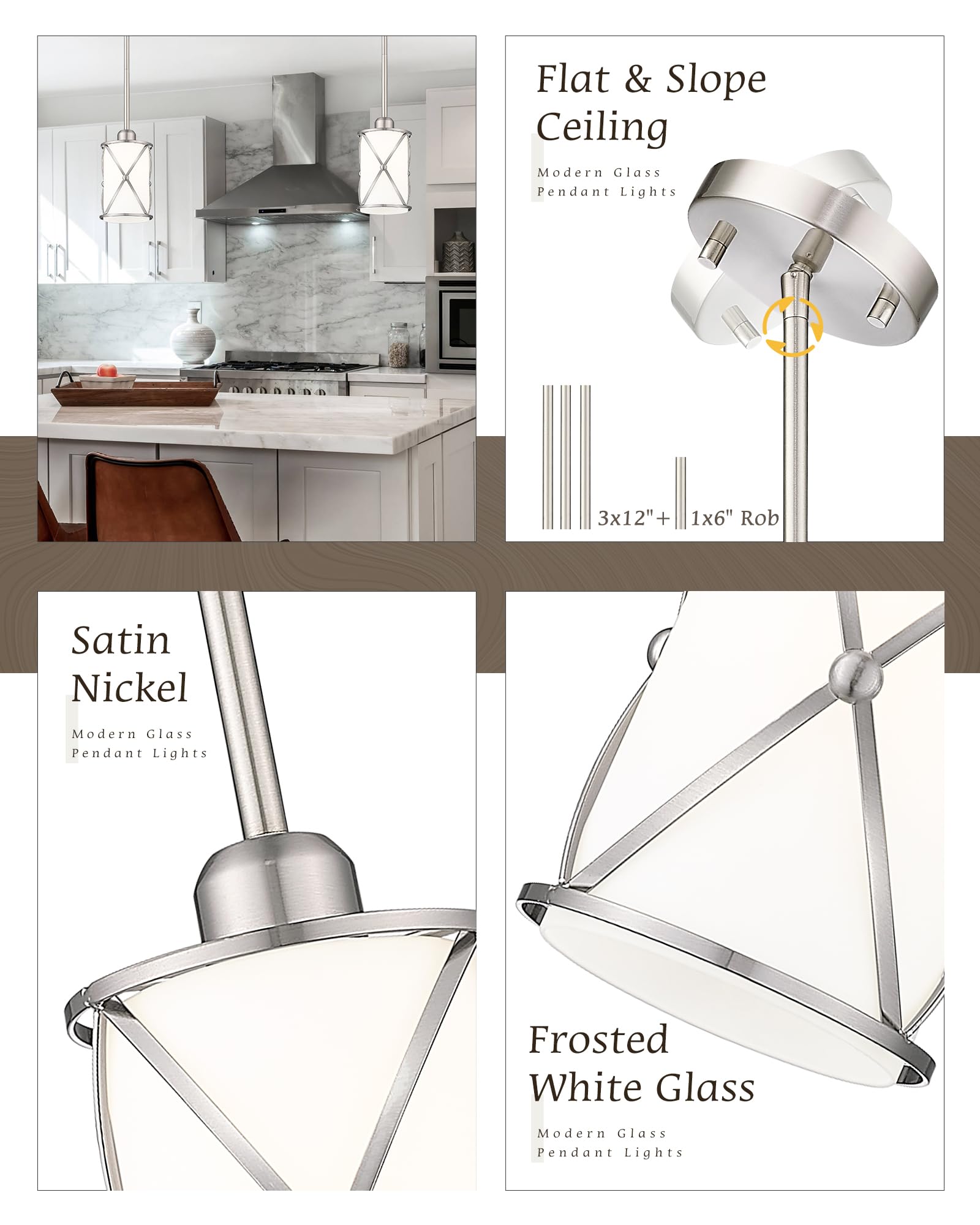 Osimir Brushed Nickel Pendant Lights, 2 Pack Frosted White Glass, Cylindrical Hanging Fixtures for Kitchen Island & Dining Room