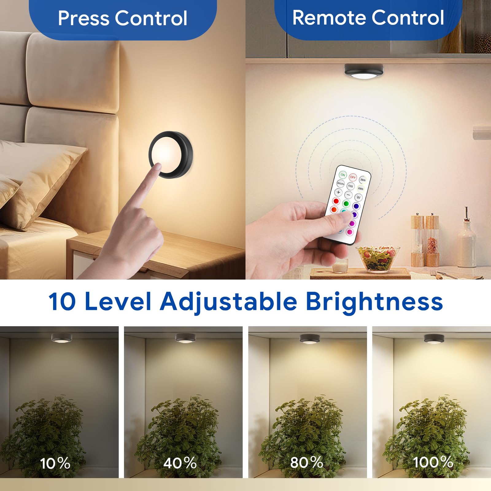 Yiliaw LED Puck Lights, Remote Control, AA Battery Operated, 12 Pack, Black-Magnetic, Under Cabinet Lighting for Kitchen