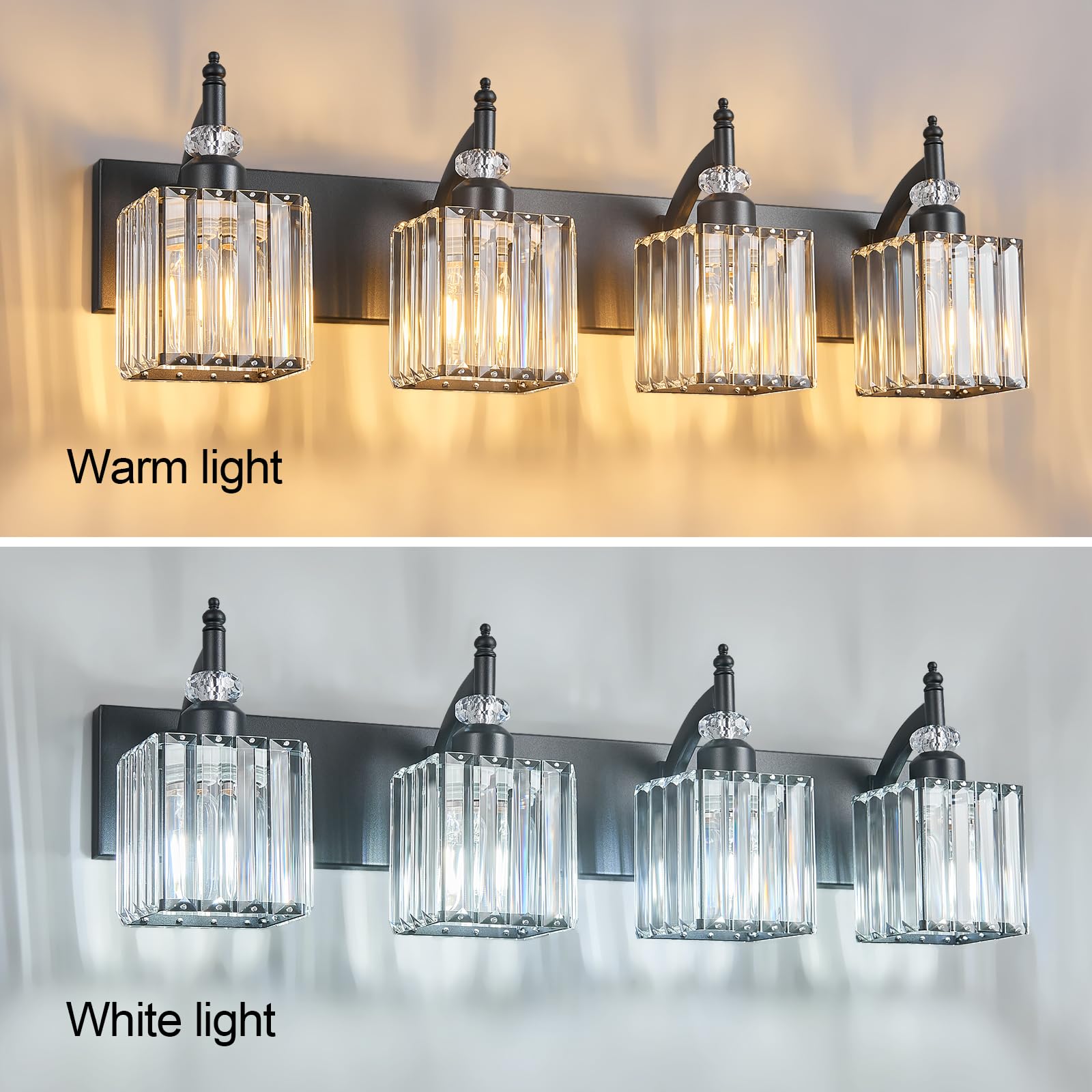 BBLLWJ Crystal Vanity Lights - 4-Light Modern Bathroom Fixture Over Mirror, Black, Model 655