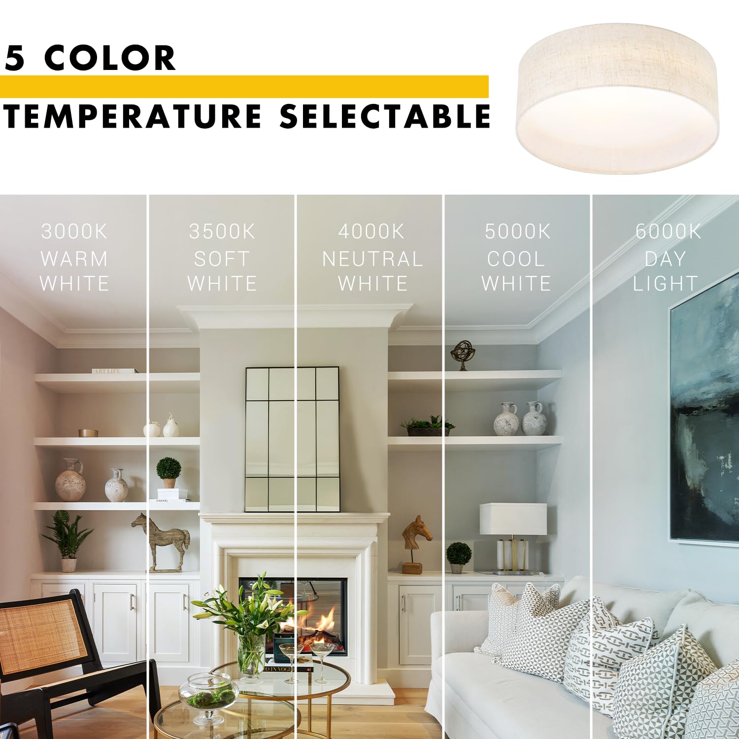 Hamilyeah 24W Led Ceiling Light, 12&quot; Dimmable Fabric Shade Fixture For Kitchen & Living Room