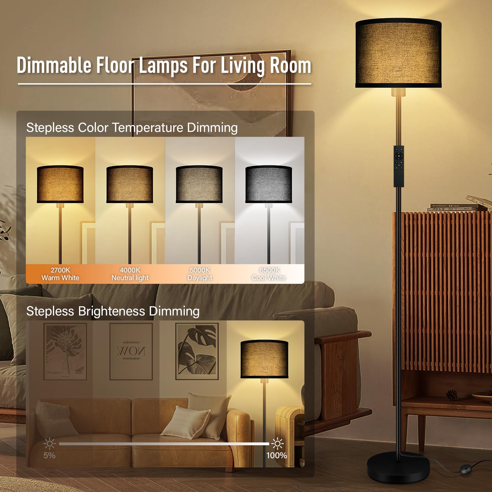 Bricosmocon Floor Lamp, 10W/1200LM, Stepless Dimmable, 2700K-6500K, Black, Modern Design for Living Room/Bedroom/Office