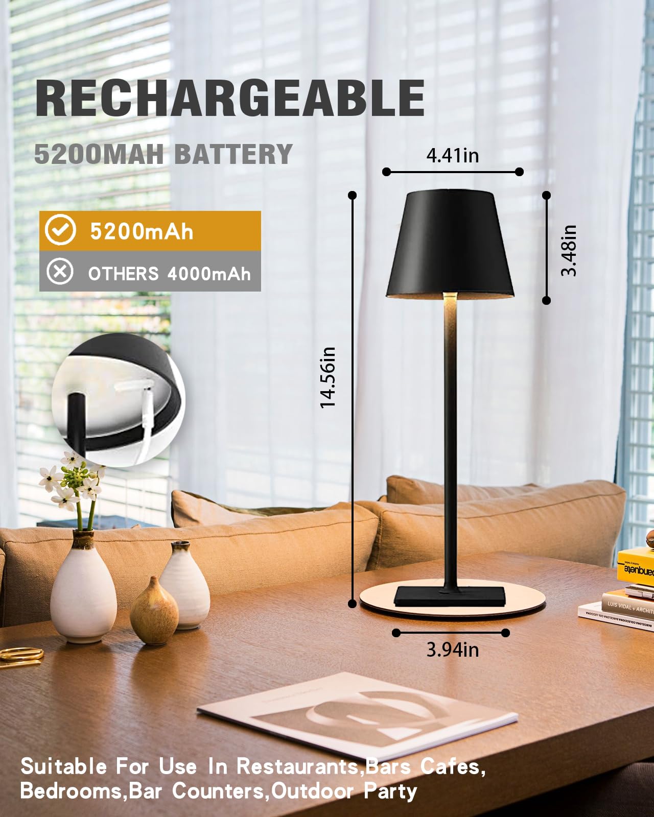 Nerefou Cordless Table Lamp, 5200Mah Battery Operated Lamp,3 Color Stepless Dimming Desk Lamp, Ip54 Waterproof Outdoor Table Lam