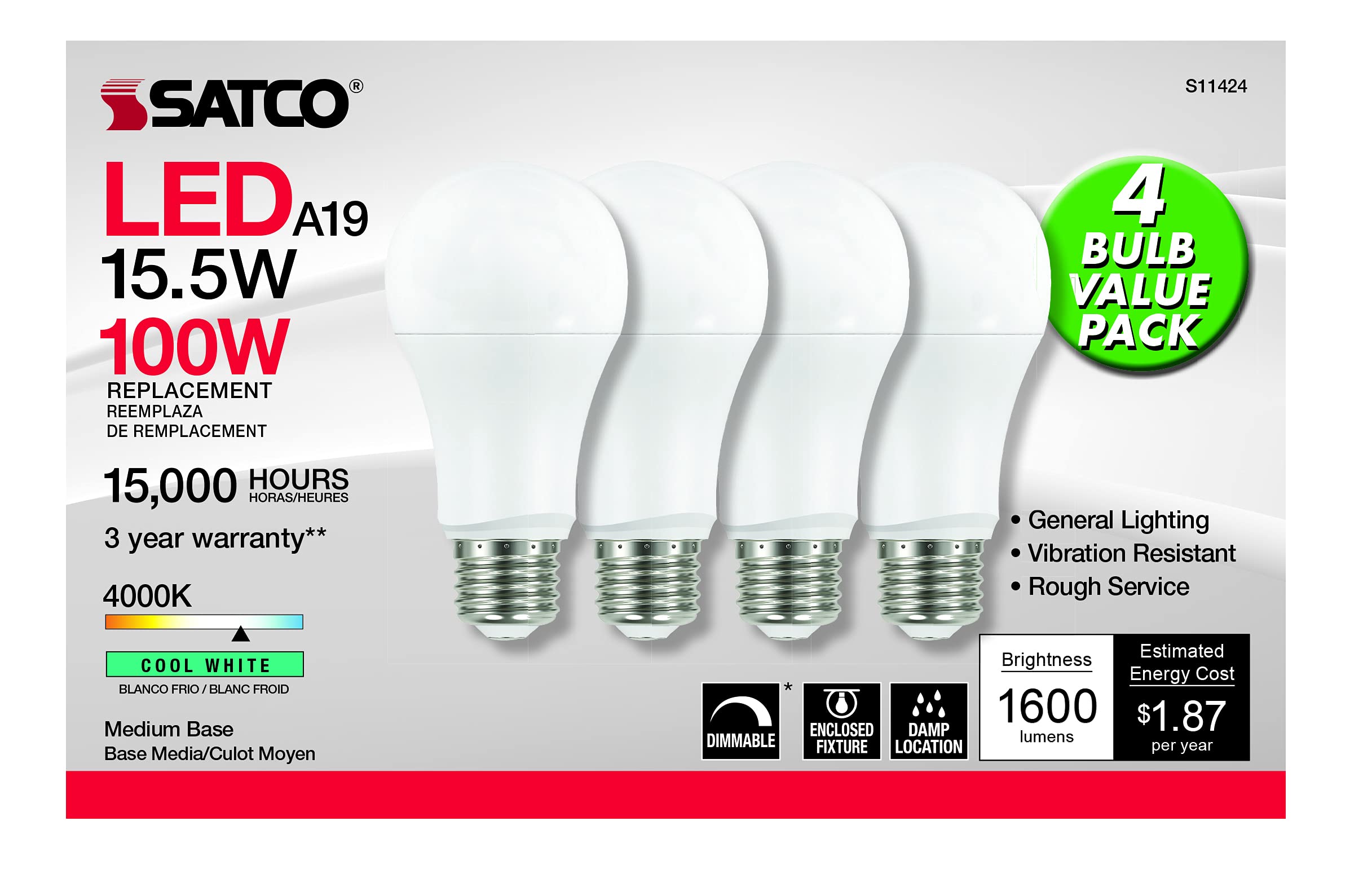 Satco 4.57 Inch 15.5W A19 Led Medium Base Replacement Lamp (Pack Of 4)-4000 Color Temperature-Frosted Finish