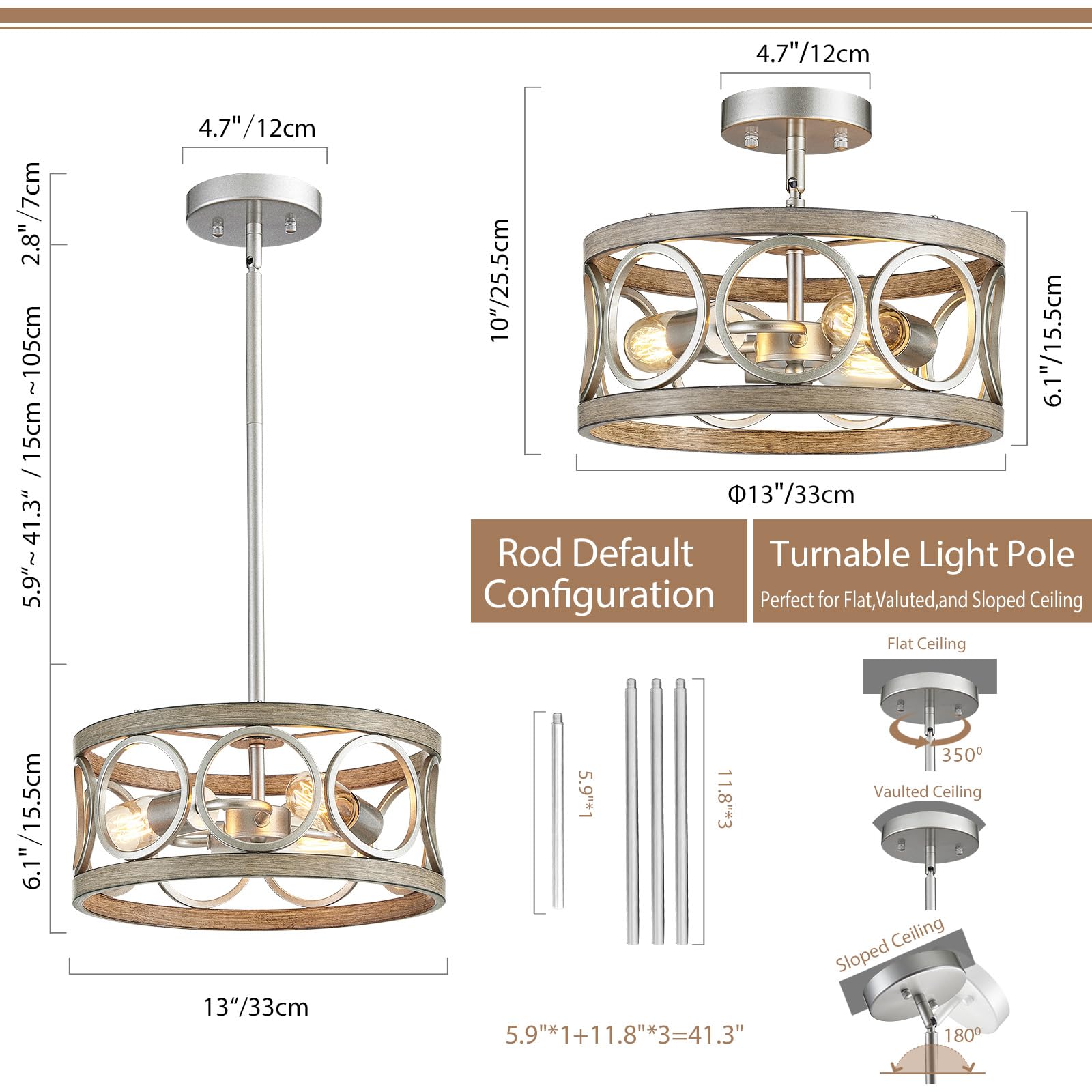 Peskoe Modern Chandelier, 13'' Farmhouse Pendant Light Dining Room Light Fixtures, Ceiling Light For Bedroom Living Room Kitchen, 3-Light Nickel And Wood Grain Metal Hanging Lamp
