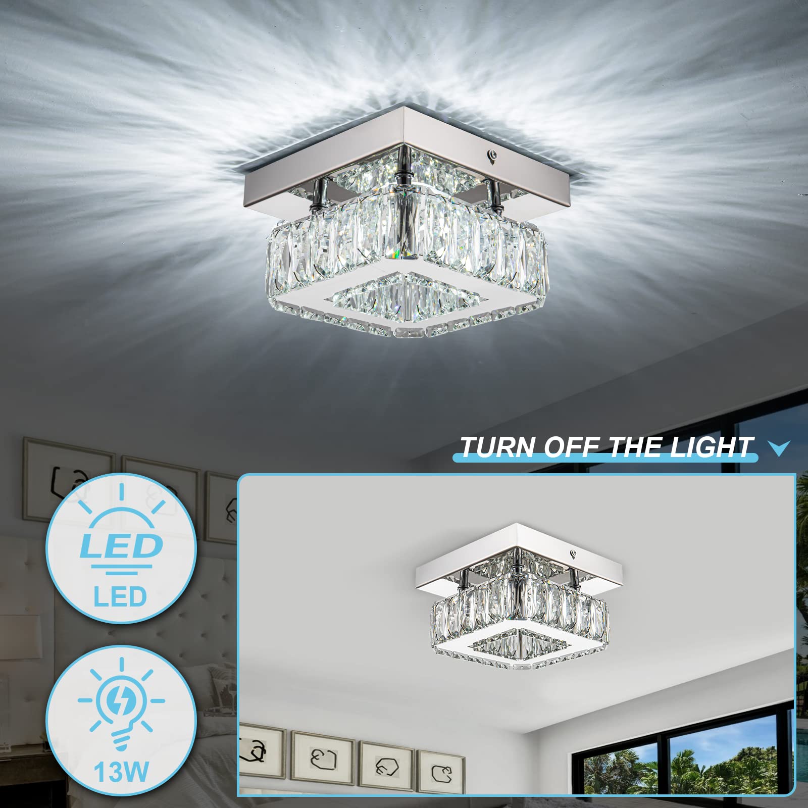 Homlaiting Mini Modern Crystal Chandelier, Led Flush Mount Light Fixture For Hallway & Bedroom