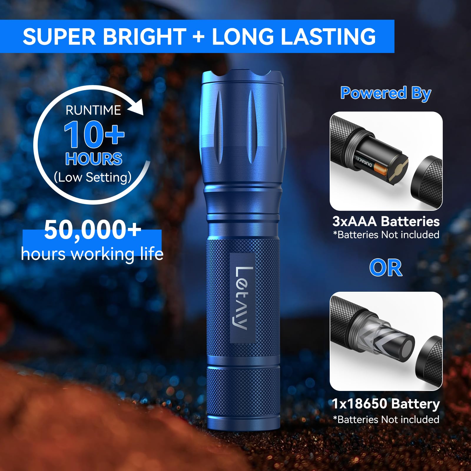 LETMY Tactical Flashlight 2 Pack - High Lumens, Zoomable, Waterproof, Aluminum, Blue