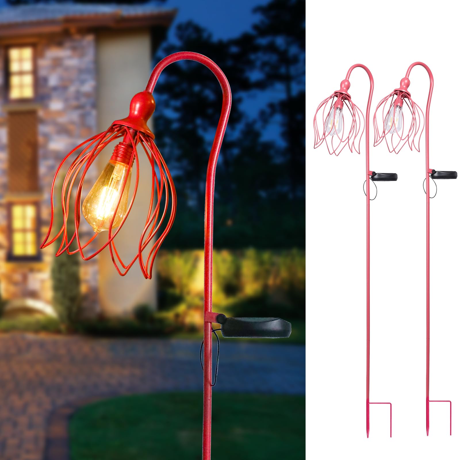 Bshine Solar Lights Outdoor Garden Decoration  Flower Metal Stake Waterproof Hanging LED Solar Lamp for Outdoor Patio  Yard Decoration Lawn Art  Walking Lights  2PCS Pink