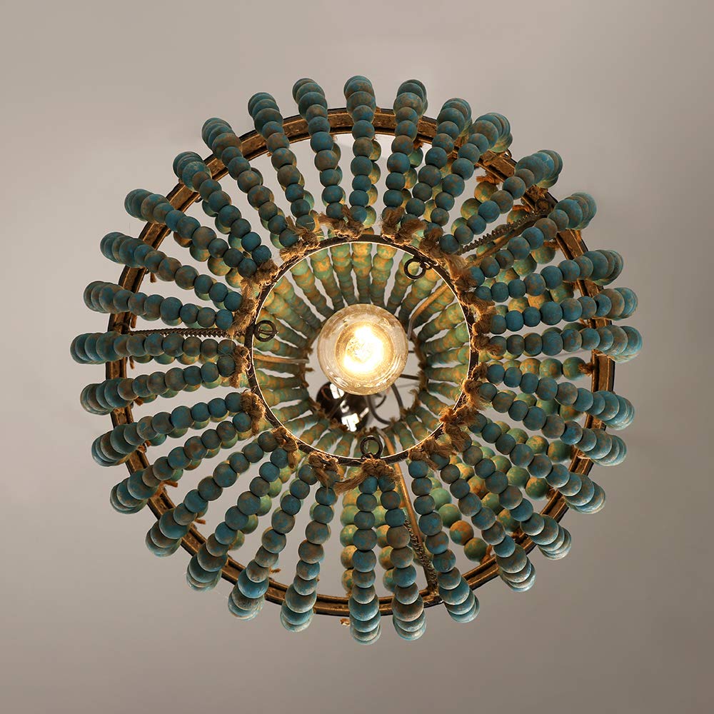 Newrays Wood Bead Chandelier Pendant Light, Gray Blue, 13.58"x15.74", Retro Vintage Rustic Ceiling Lamp Fixture