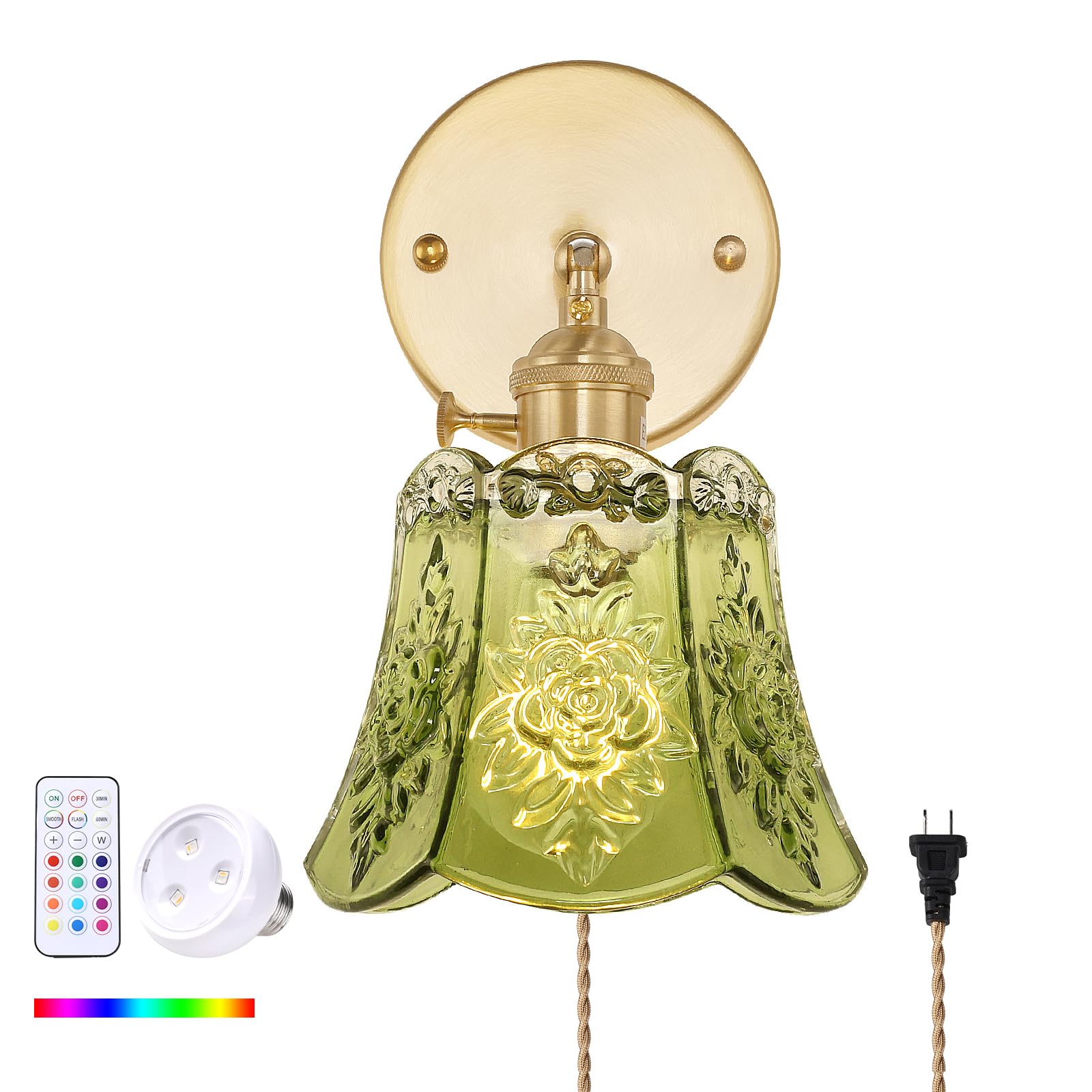 Shenmoyl Vintage Wall Sconce, Battery Operated LED Light, RGB Dimmable with Remote Control, Glass, Green, Model 1-94909-sconc