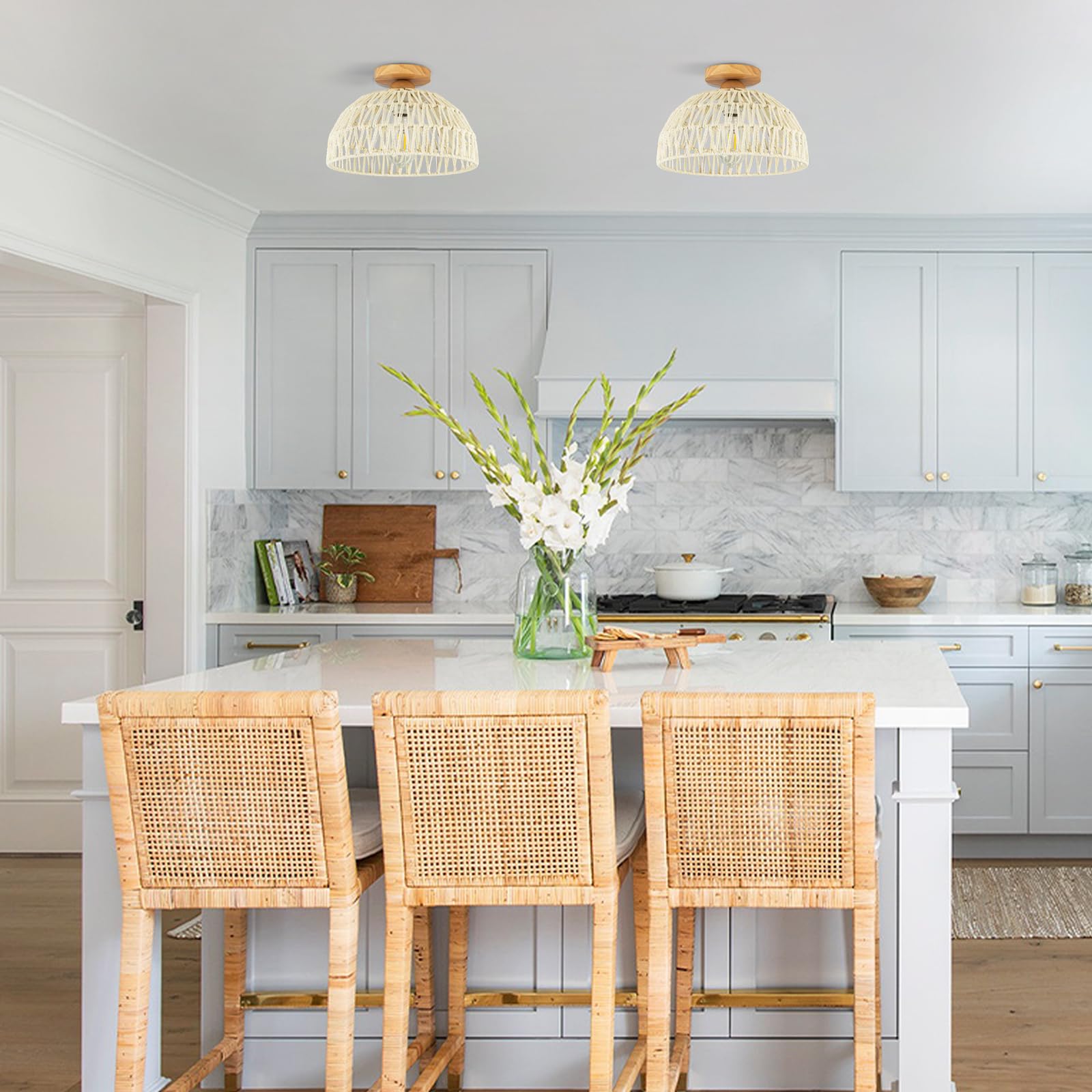 Rattan Ceiling Light Fixtures Small Boho Chandelier Lights Cream White Flush Mount Ceiling Light Wooden Canopy Bohemian Woven Ch