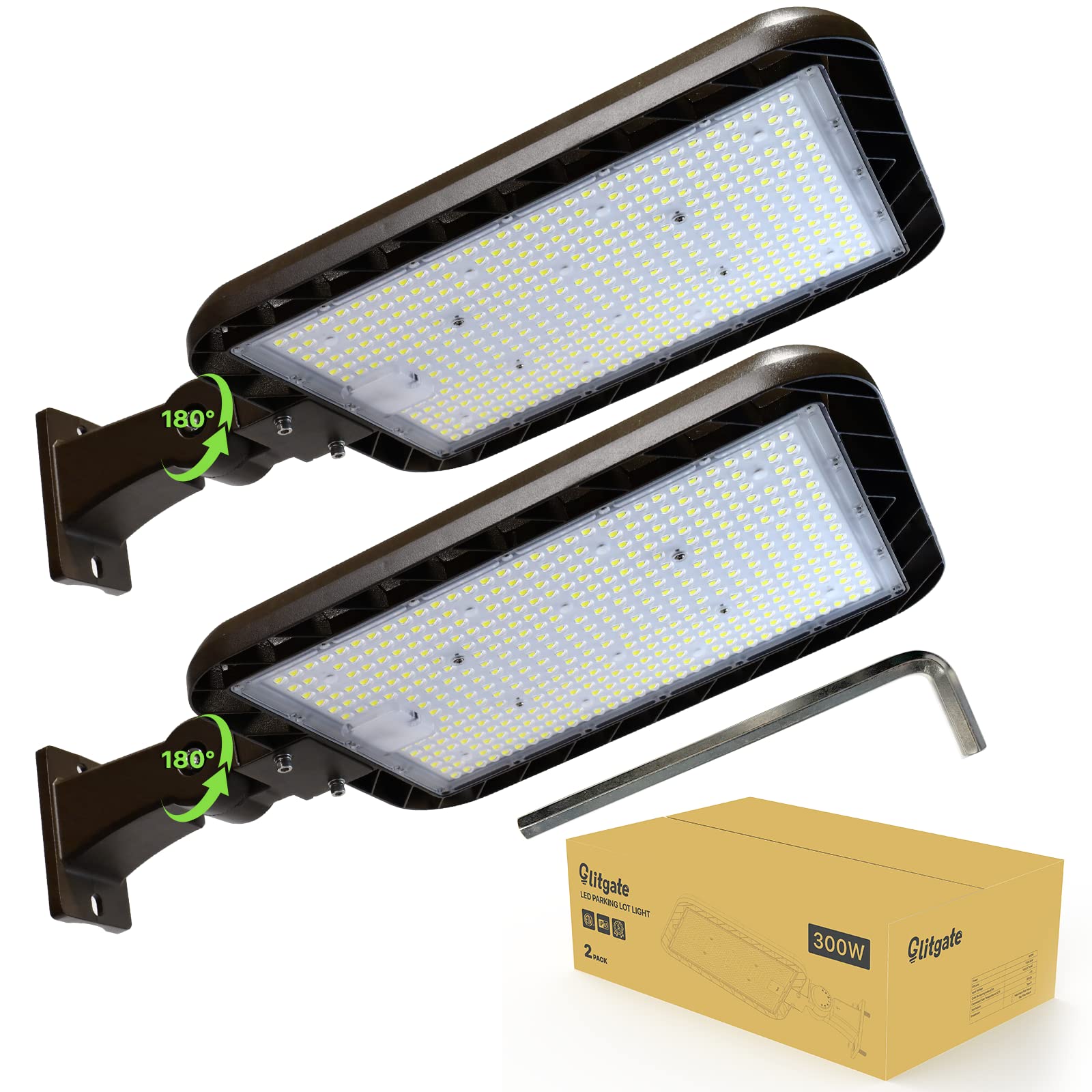 Glitgate 300W LED Parking Lot Lights, 45000LM 5000K Adjustable Arm Mount Street Lights with Dusk to Dawn Photocell, 100-277V IP65 Outdoor Waterproof Commercial Area Lighting ETL Listed 2 Pack