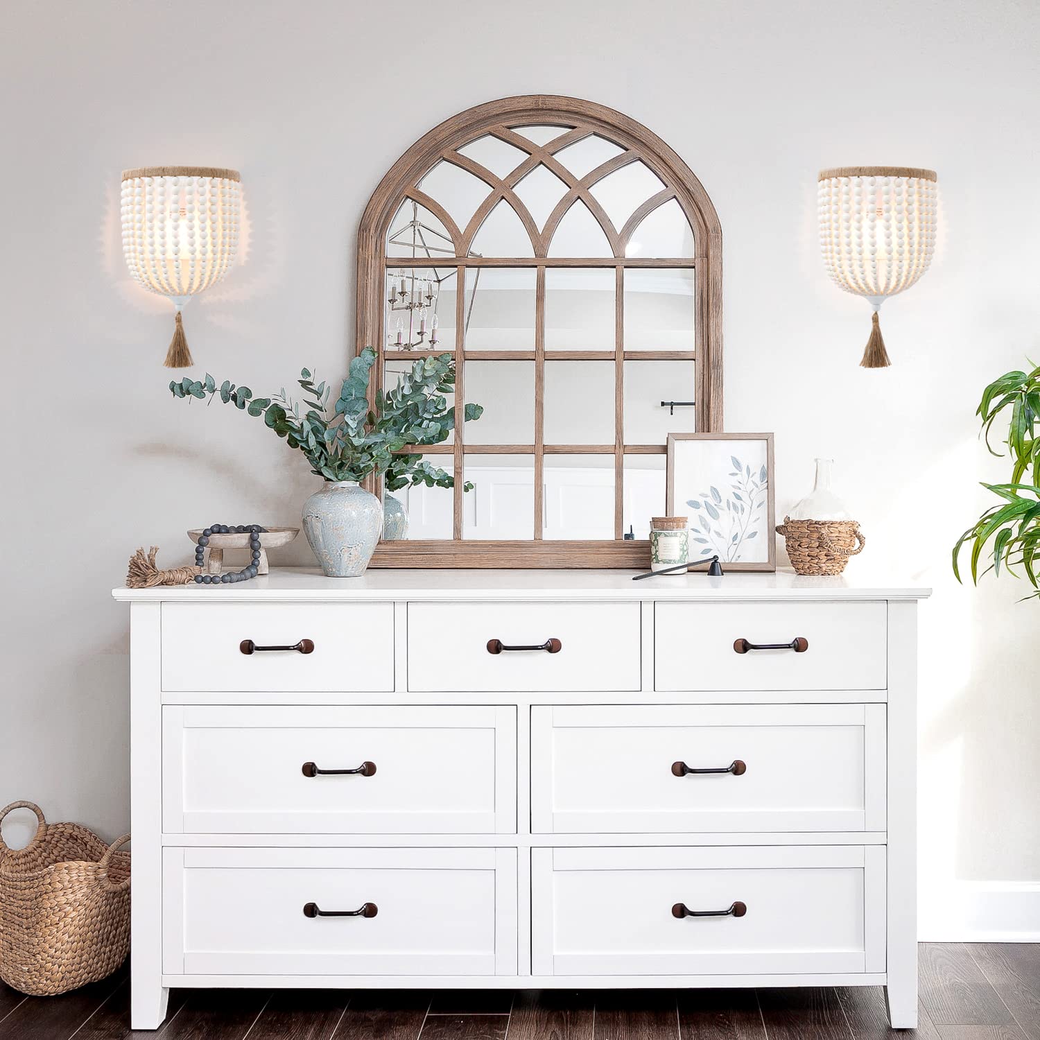 VILUXY Wall Sconces 2 Pack - Bohemia Wood Beaded Antique Lighting Fixture for Bedroom, Hallway, Bathroom - Metal, White Finish