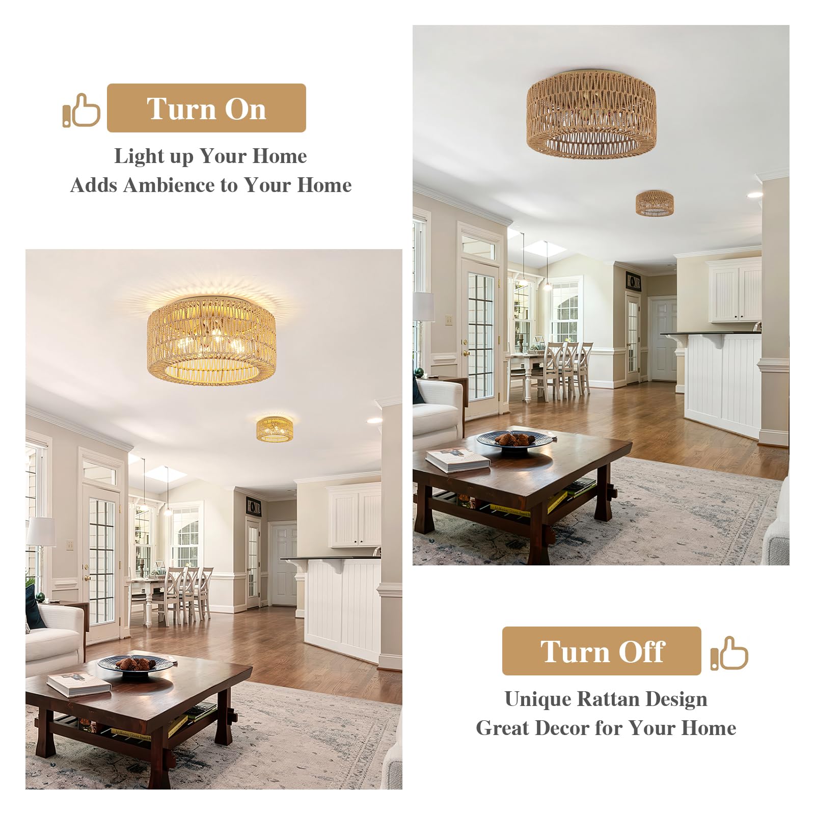 Abeajat Rattan Light Fixtures Ceiling Mount,4-Lights Boho Flush Mount Ceiling Light With Hand-Woven Shade, 18''Rattan Farmhouse