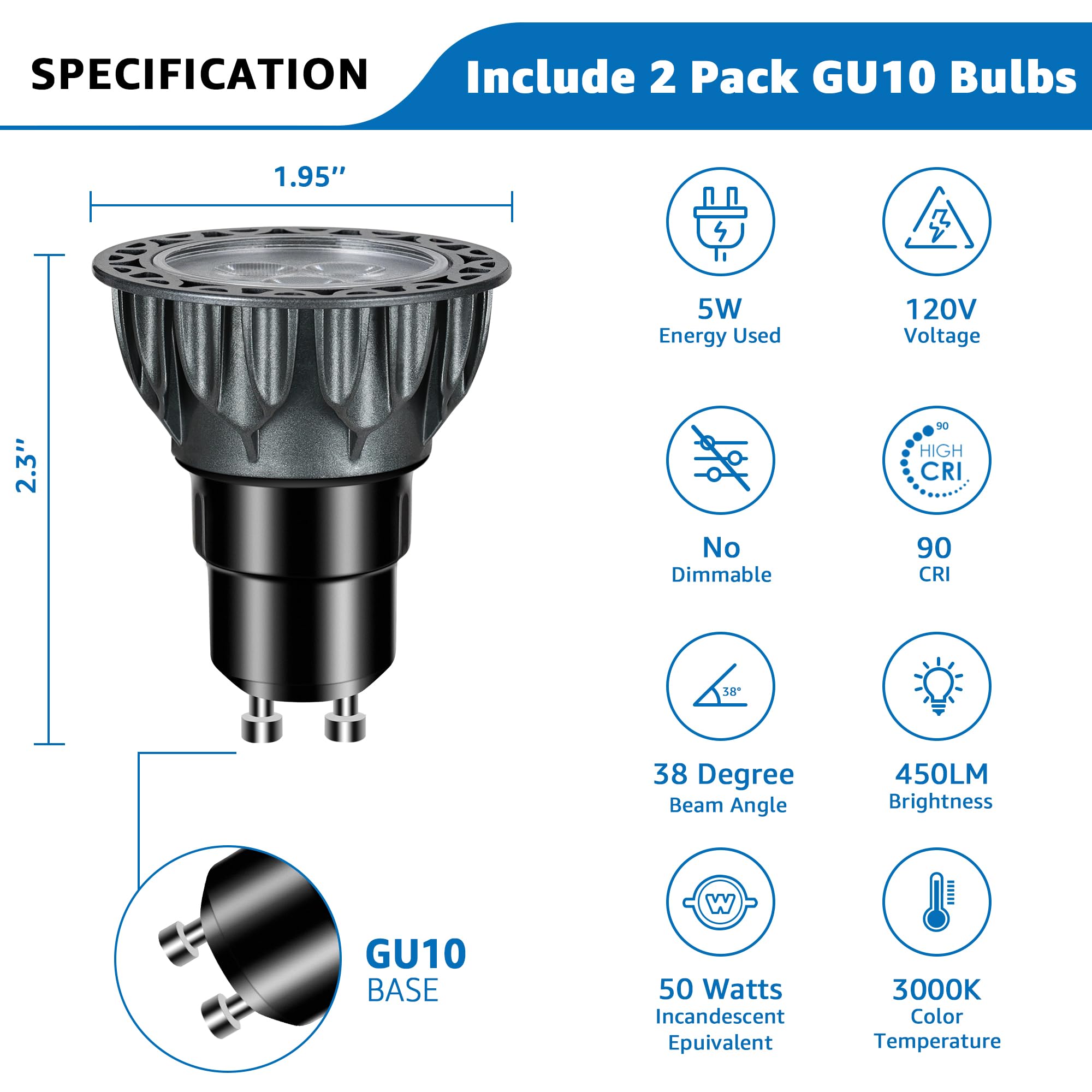 Sunvie 2 Pack Indoor Uplights With 2700K Gu10 Bulb, Black Accent Spotlights For Home Decor