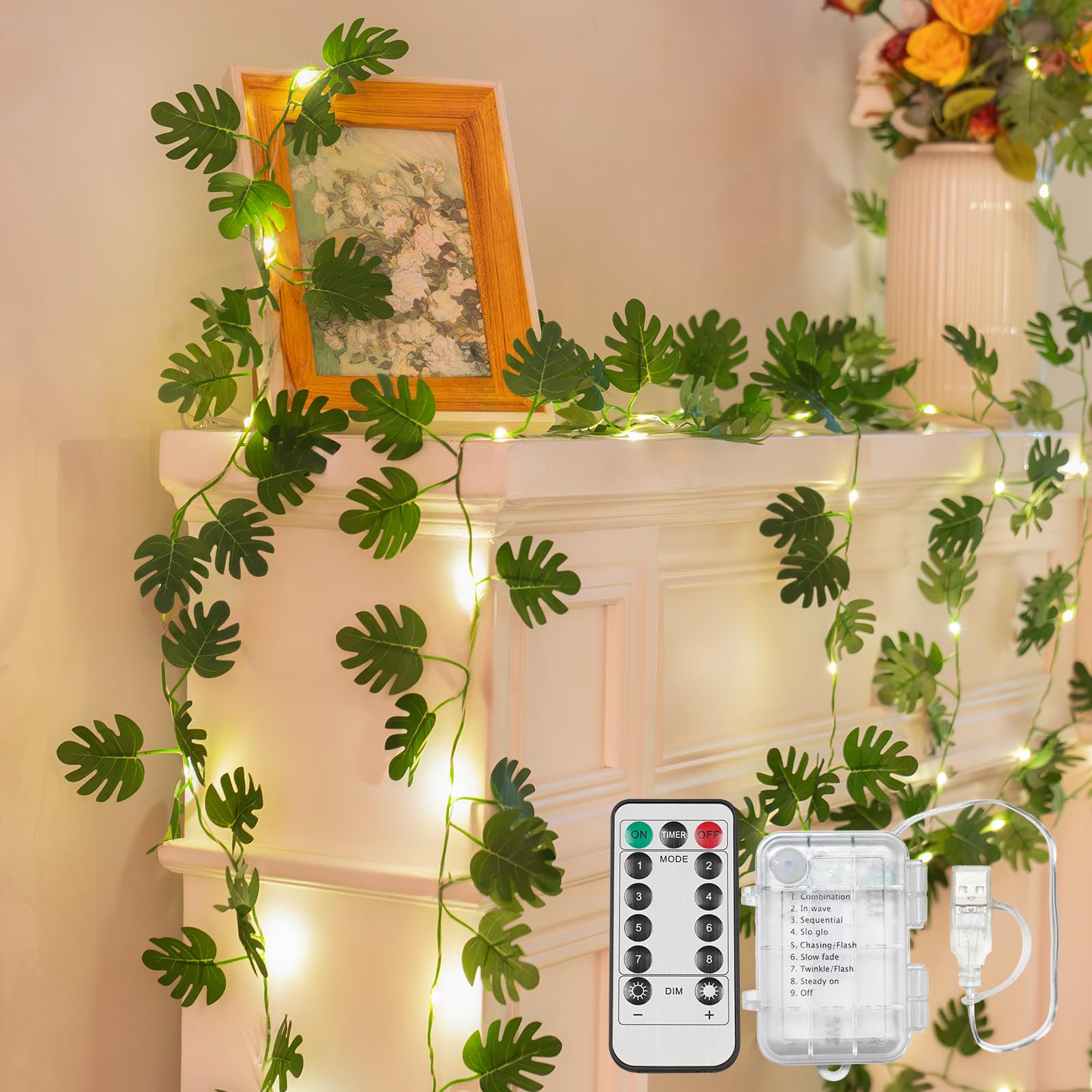 suddus Vines with Fairy Lights Battery & USB Powered Operated  33ft 100 LED Monstera Leaves String Lights with Remote  Artificial Plants for Indoor  Bedroom  Wall  Party Tropical Decor(Warm White)