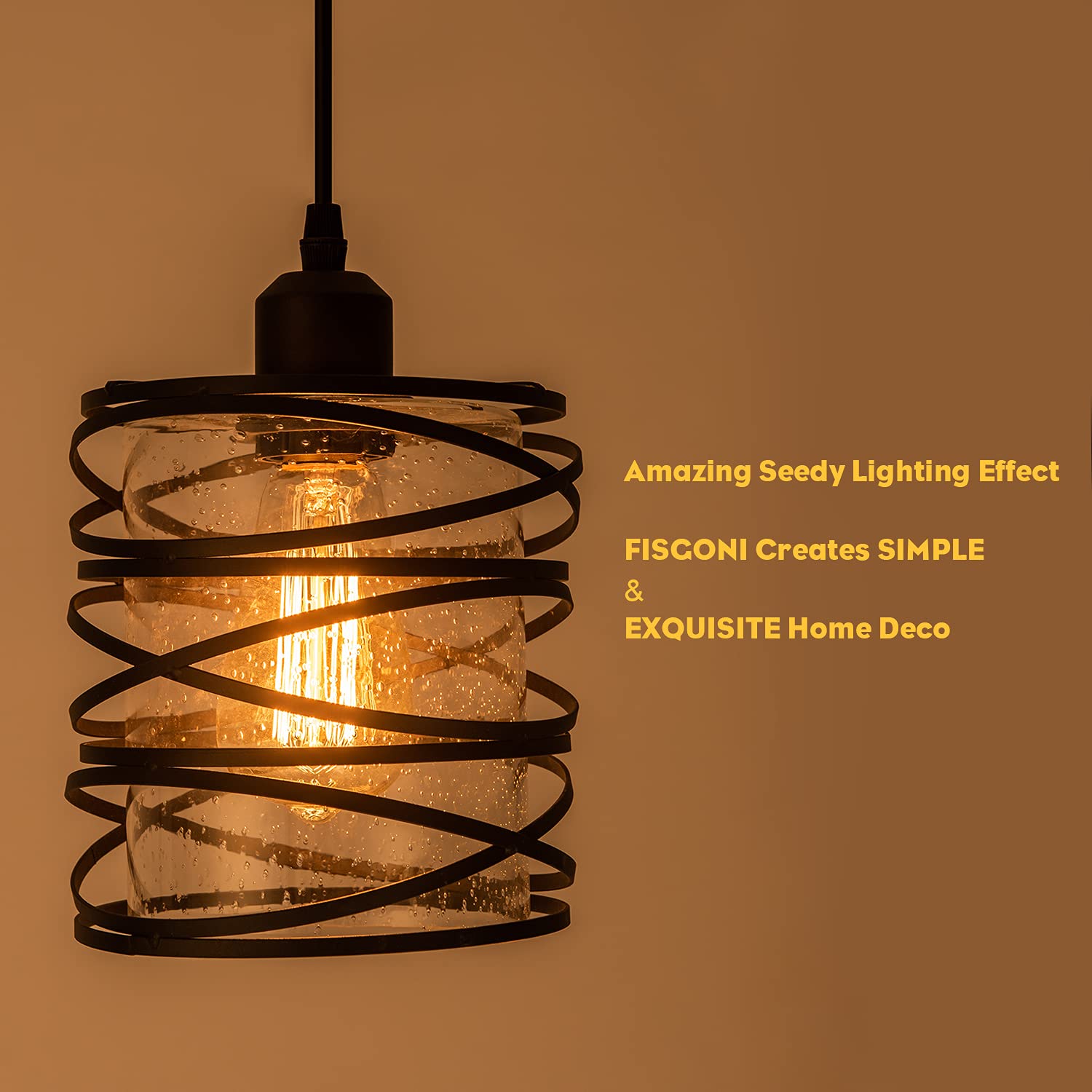 Fisgoni Modern Mini Pendant Light Fixture 3-Pack Kitchen Island Pendant Lighting 6.3''Matte Black Spiral Cage Handblown Clear Se