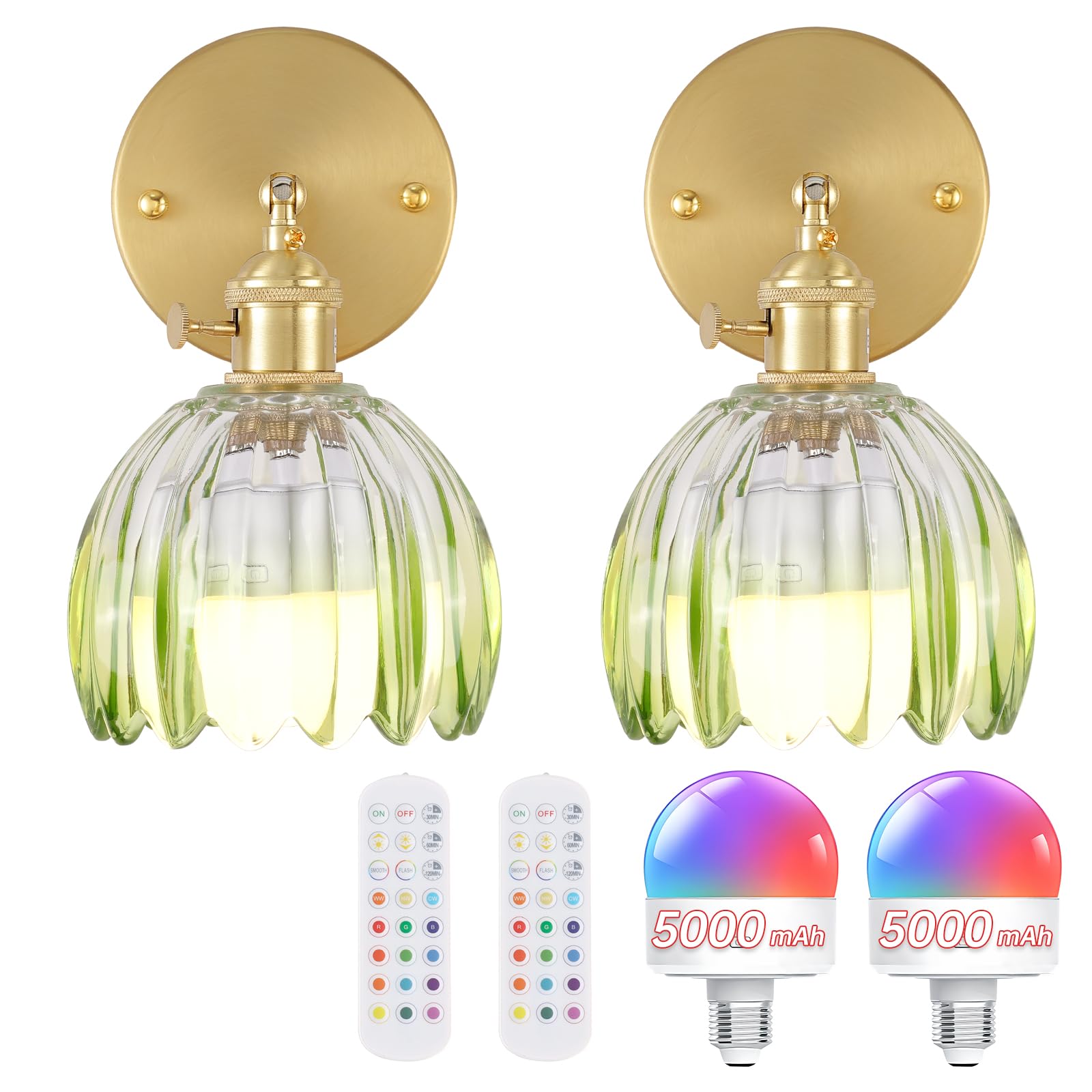 Shenmoyl Vintage Wall Sconce Set of 2 - 5000 mAh Battery Operated, Green Clear Tulip Glass Lampshade, Rechargeable with Remote Control