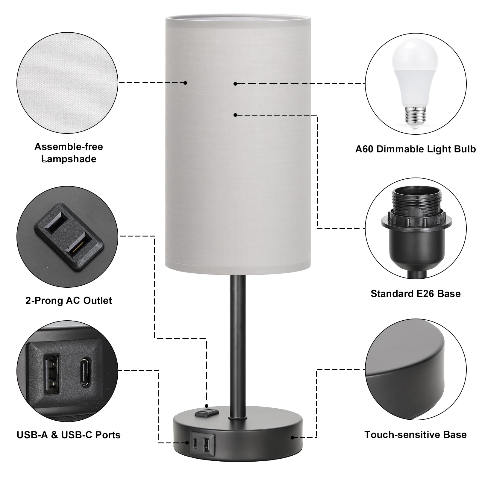Fenmzee Touch Bedroom Lamp - Grey, 3-Way Dimmable, Usb A + C Charging, Ac Outlet, 17.4Inch Medium