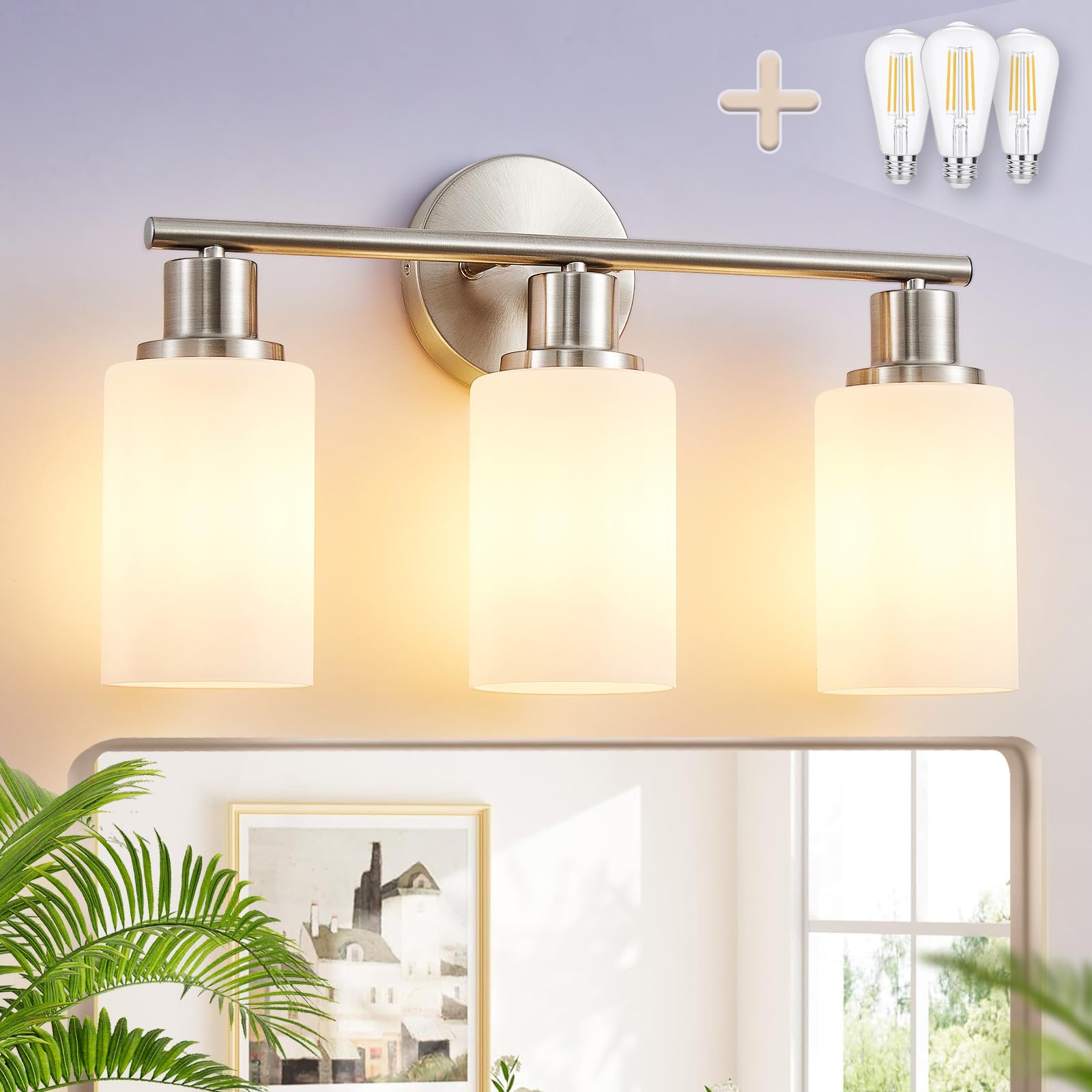 DINGLILIGHTING DLLT 3-Light Bathroom Light Fixtures, Nickel Vanity Lights, Milky White Glass Shade, Model DLLT-3L-MWBN