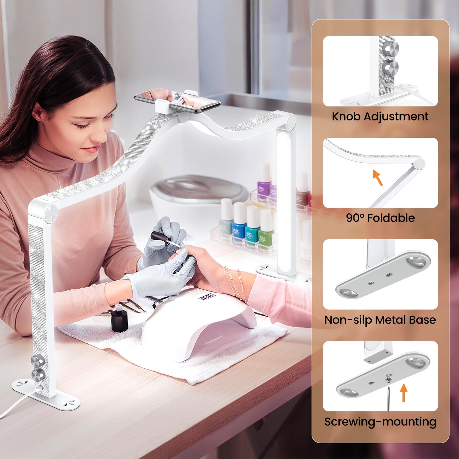 Yokilly Arc Half Moon Light - 34" Foldable LED Desk Lamp, Stepless Brightness, White Aluminum for Manicurists