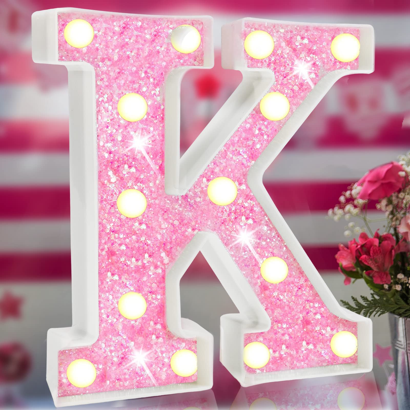 Elnsivo LED Marquee Letter Lights - Pink Glitter, Battery Powered Night Light for Bedroom, Gifts, Home Decorations