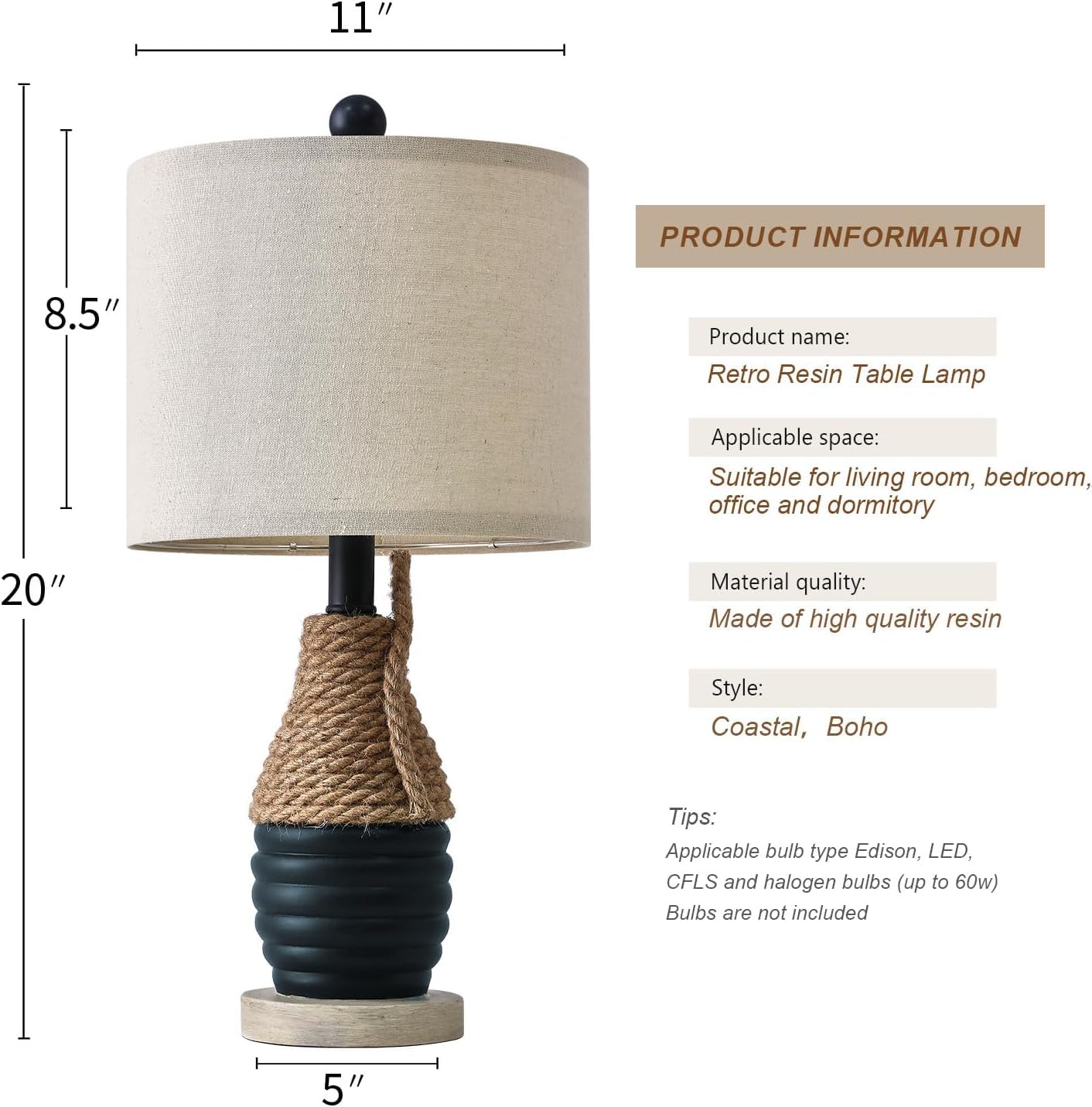 Oyears 20'' Table Lamp For Bedroom, Bedside Table Lamp For Living Room, Small Farmhouse Lamps For Nightstand, Coastal Nautical L