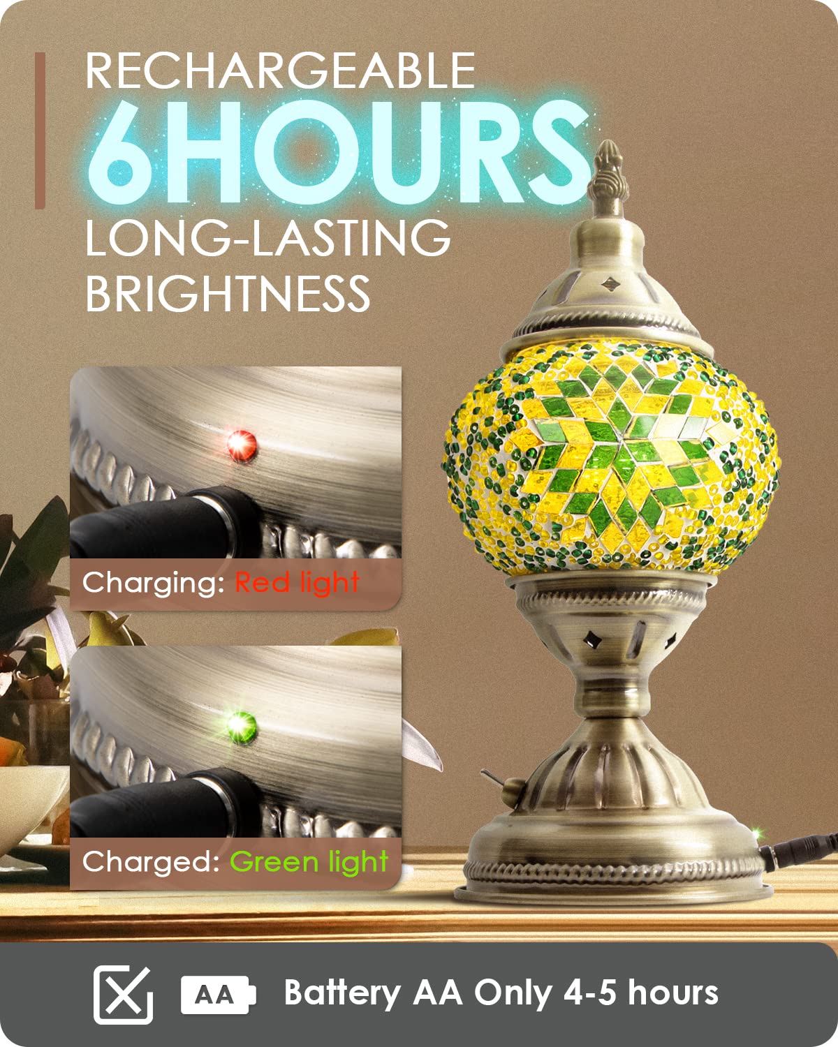 Yarra-Decor Turkish Moroccan Lamp, Handmade Tiffany Mosaic Glass, Portable Bedside Lamp, Rechargeable 2000mAh Battery, Green2