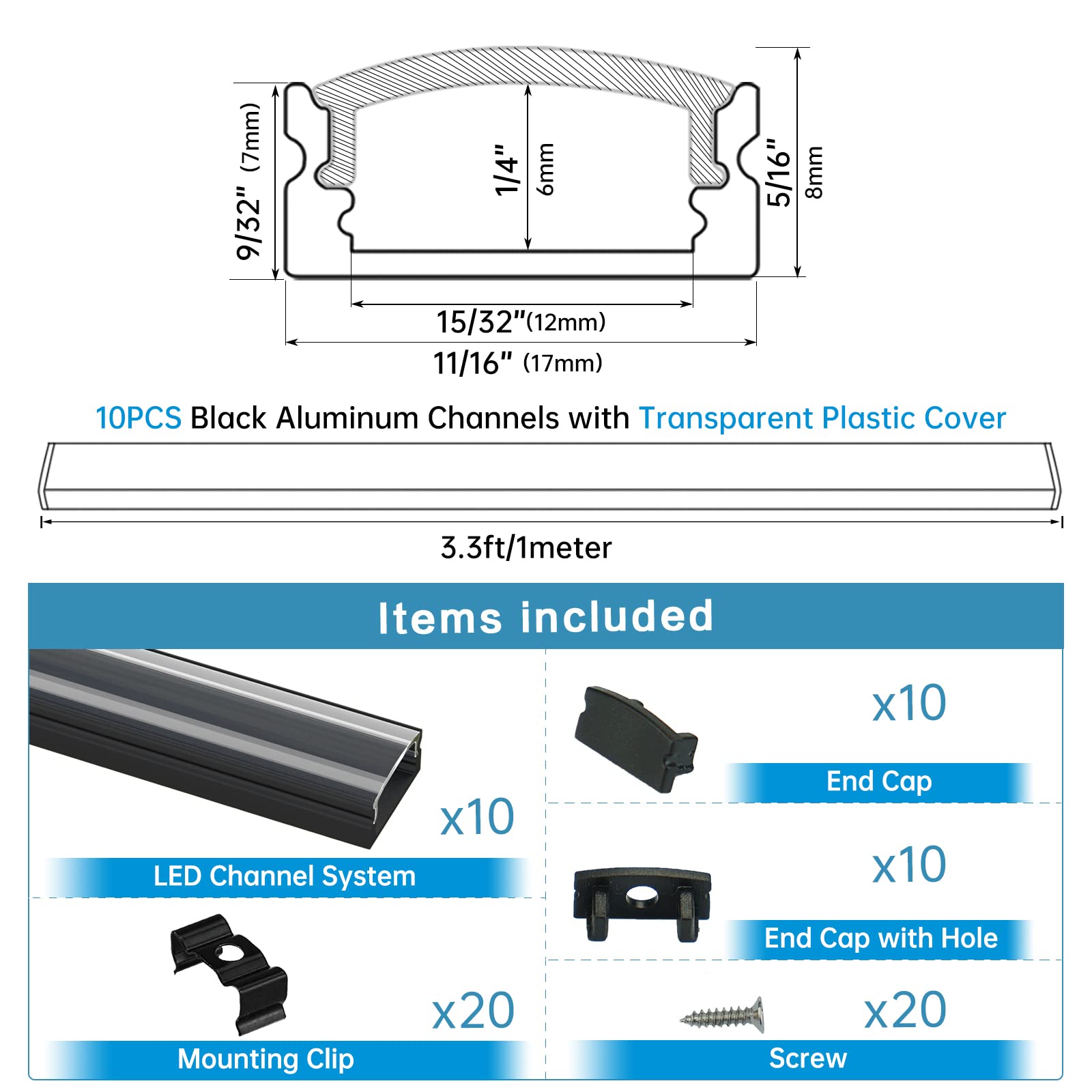 Muzata LED Strip Channel, 10Pack U Shape, 1M Black Aluminum with Clear Cover