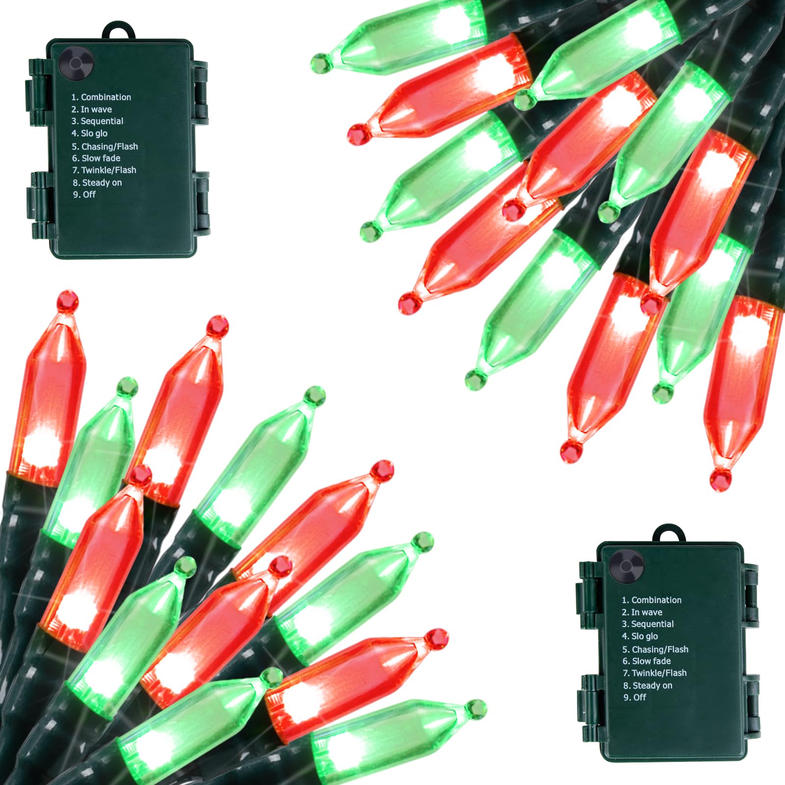 Battery Operated Christmas Lights 2 Pack 18 Feet 50 LED Clear Mini String Lights with 8 Modes Waterproof Tree Lights for Xmas Outdoor Indoor Holiday Party Garden Decor  Red & Green