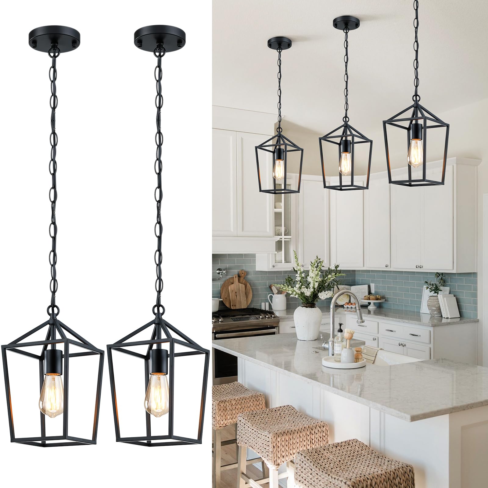 Sheetea 2-Pack Farmhouse Pendant Lights Kitchen Island, Black Pendant Light Fixtures Hanging Lamp For Kitchen, Modern Kitchen Pendant Lighting Over Island, Metal Cage Design, Sloped Ceiling Adaptable