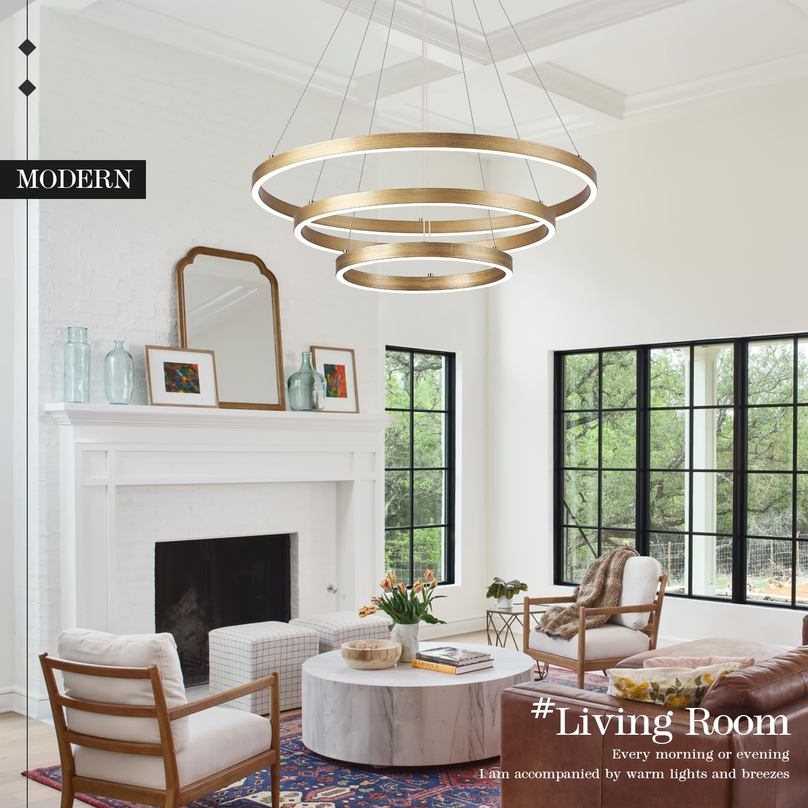 CaraLuxe LED 3-Ring Chandelier, Dimmable Pendant Light, 24in Gold Brass, Remote Control, Model 22