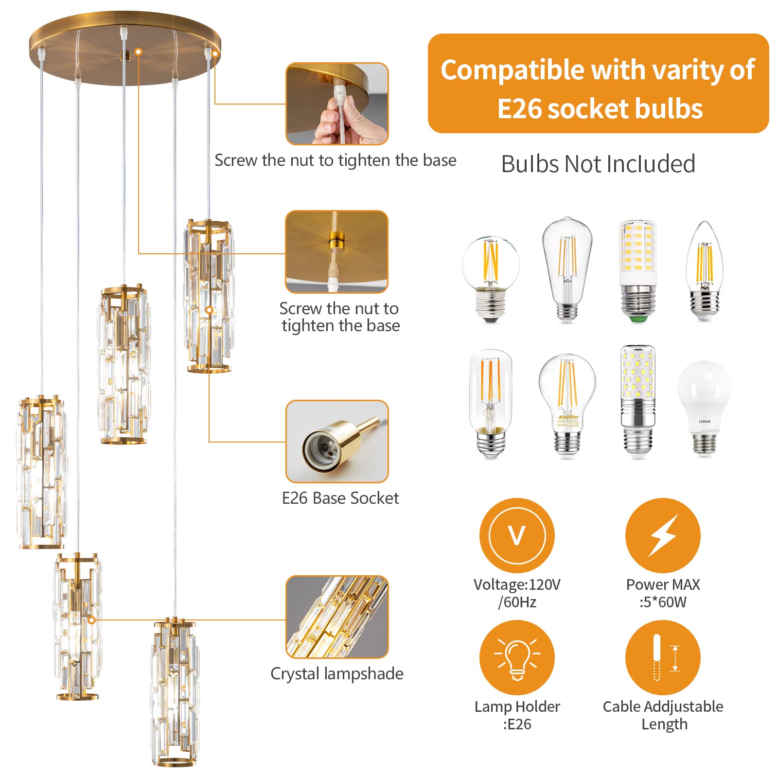 Lmqnine 5-Light Gold Pendant Light, Modern Mini Crystal Chandelier For Kitchen Island & Dining Room