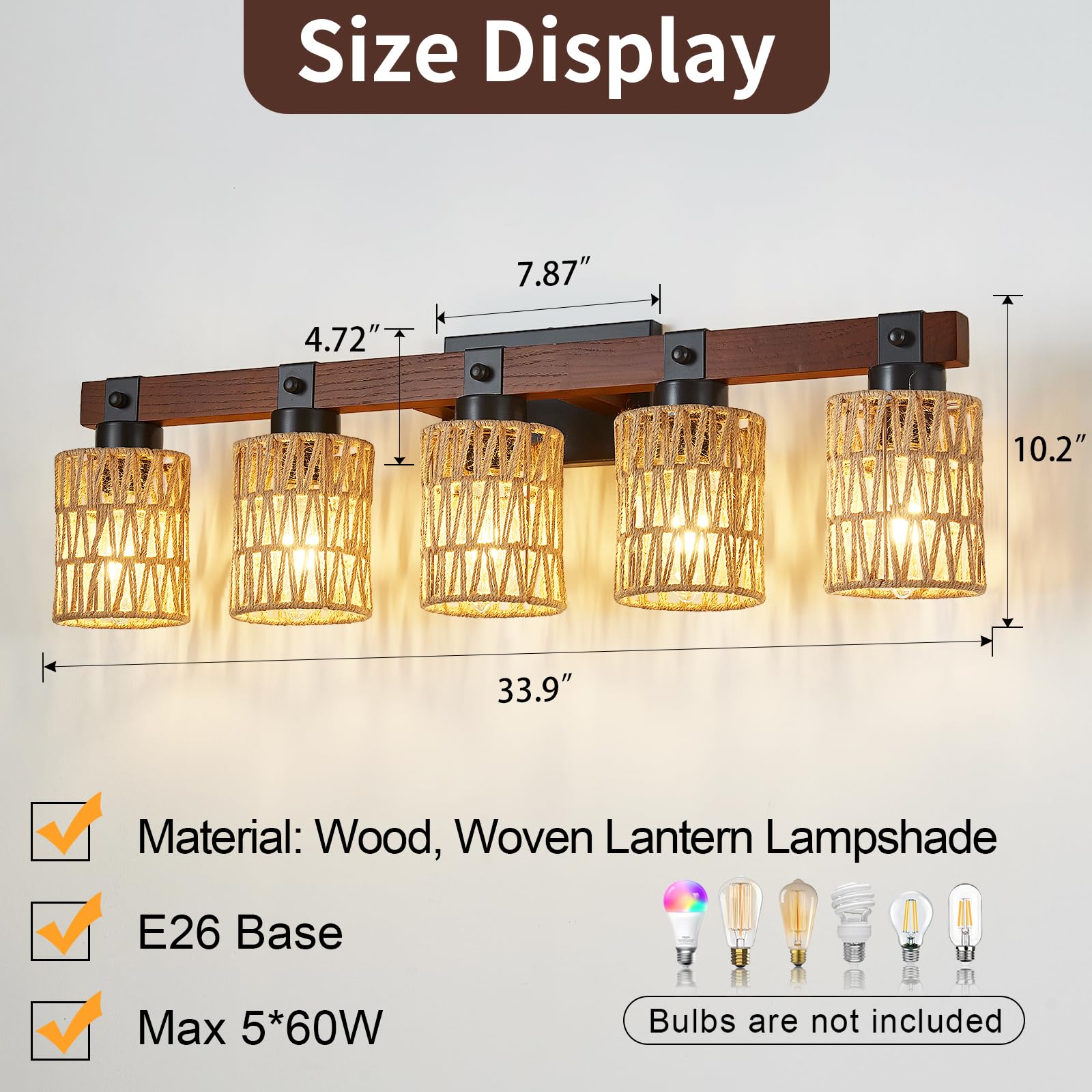 Aixialin 5-Light Farmhouse Bathroom Vanity Light Fixtures, Rustic Style Farmhouse Wood Bathroom Wall Sconce, Handmade Bamboo Wov