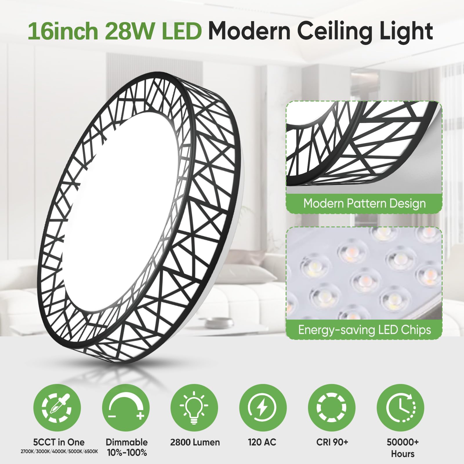 Lightania 16 Inch Black LED Flush Mount Ceiling Light, Dimmable 28W 2800LM, Adjustable 2700-6500K, ETL Listed, Model LXD02-L