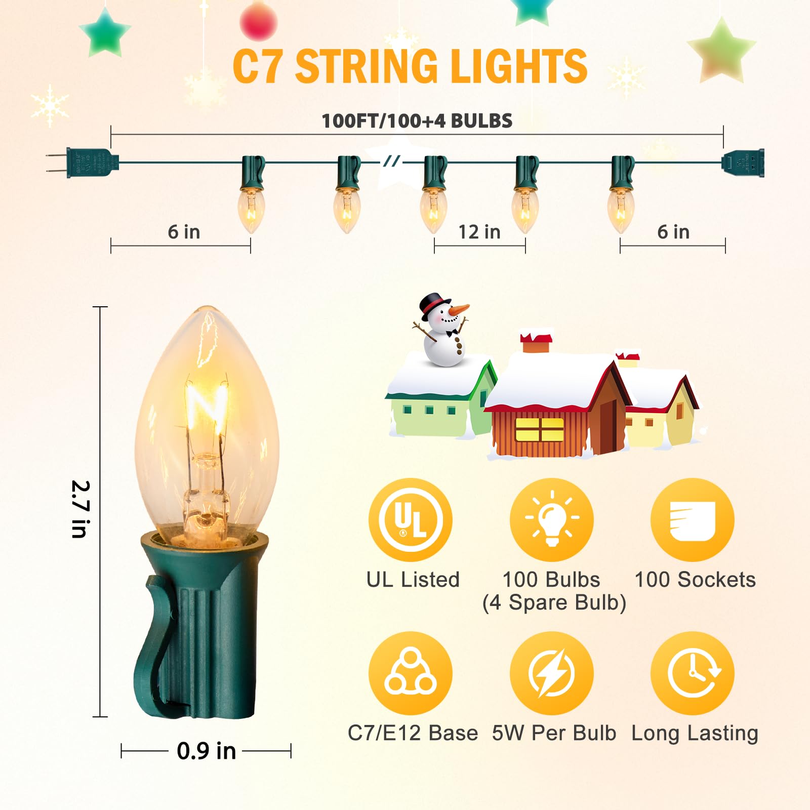 Minetom C7 String Lights - Outdoor Vintage Christmas Lights, 100FT, 100 Bulbs, Green Wire, UL Listed, Model GYC-O1005BU