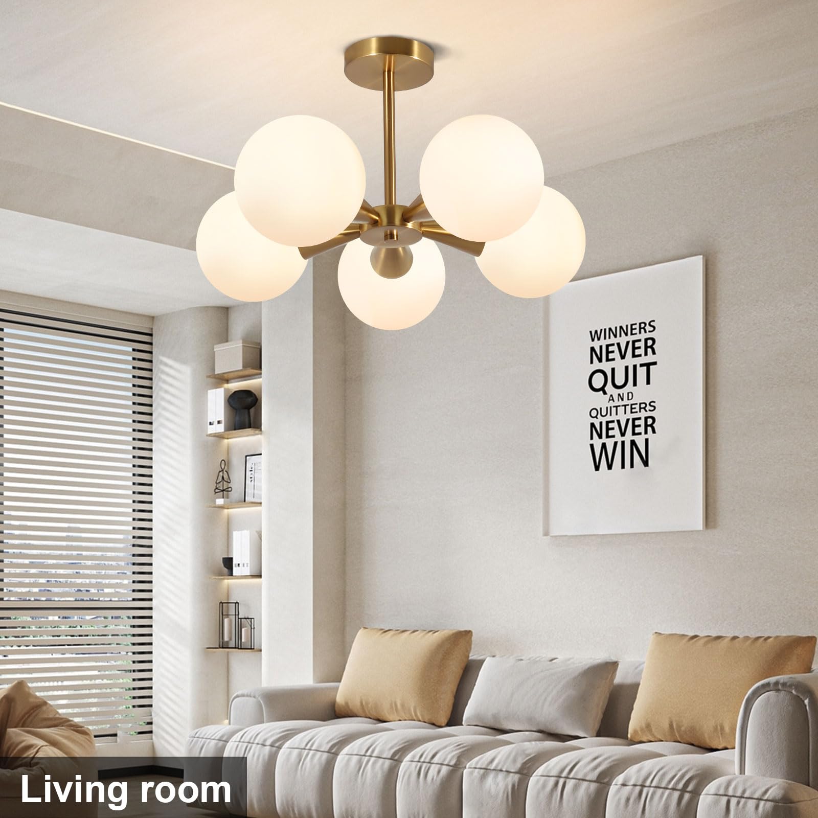 Bektas 5-Light Semi Flush Mount Ceiling Light Fixture, Brushed Gold, Milk Glass Globe, Model 305-230757BA-US479