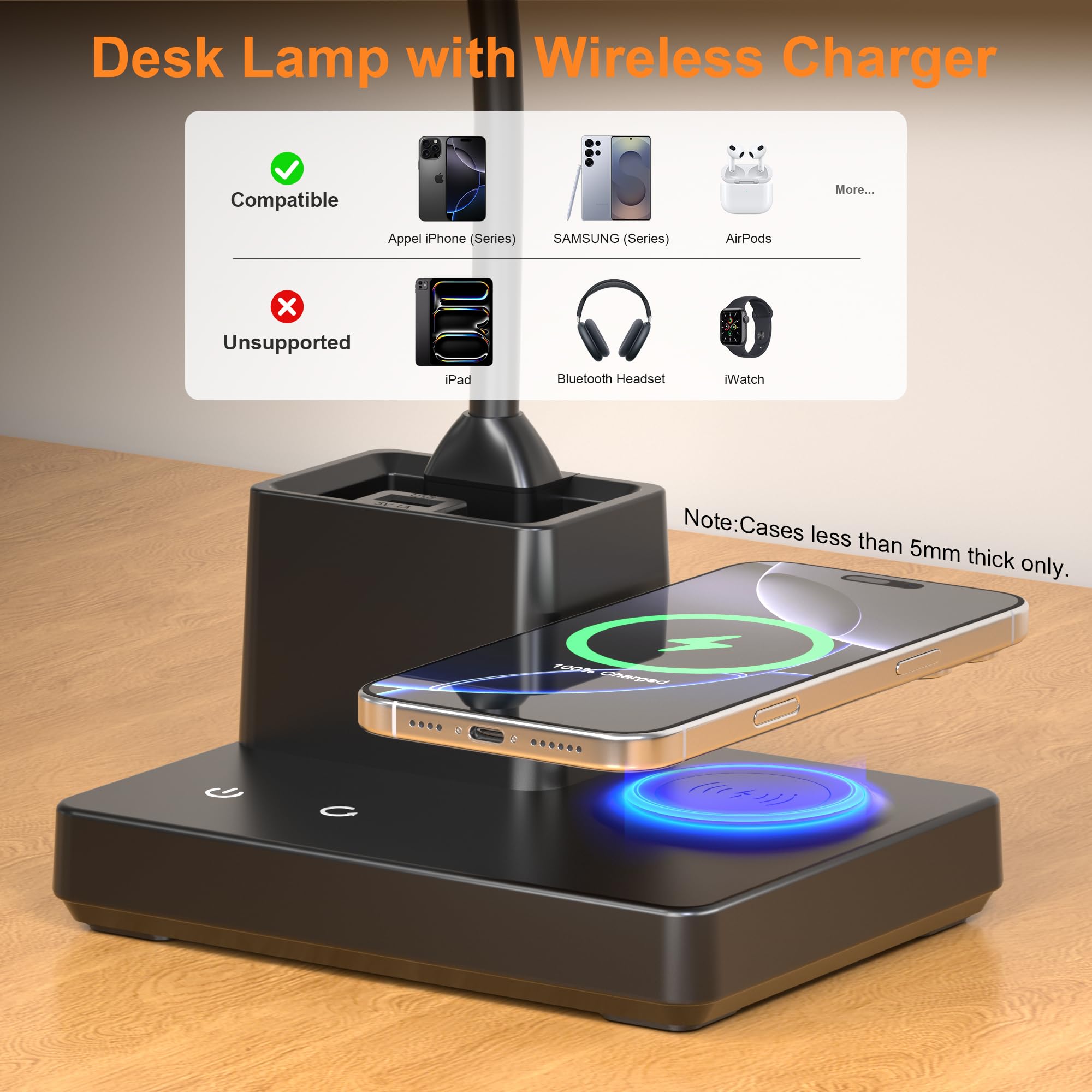 Sailstar Desk Lamp with Wireless Charger & USB Port, Dimmable LED, Medium, Matte Black, Model CP-TD-FX-G-001