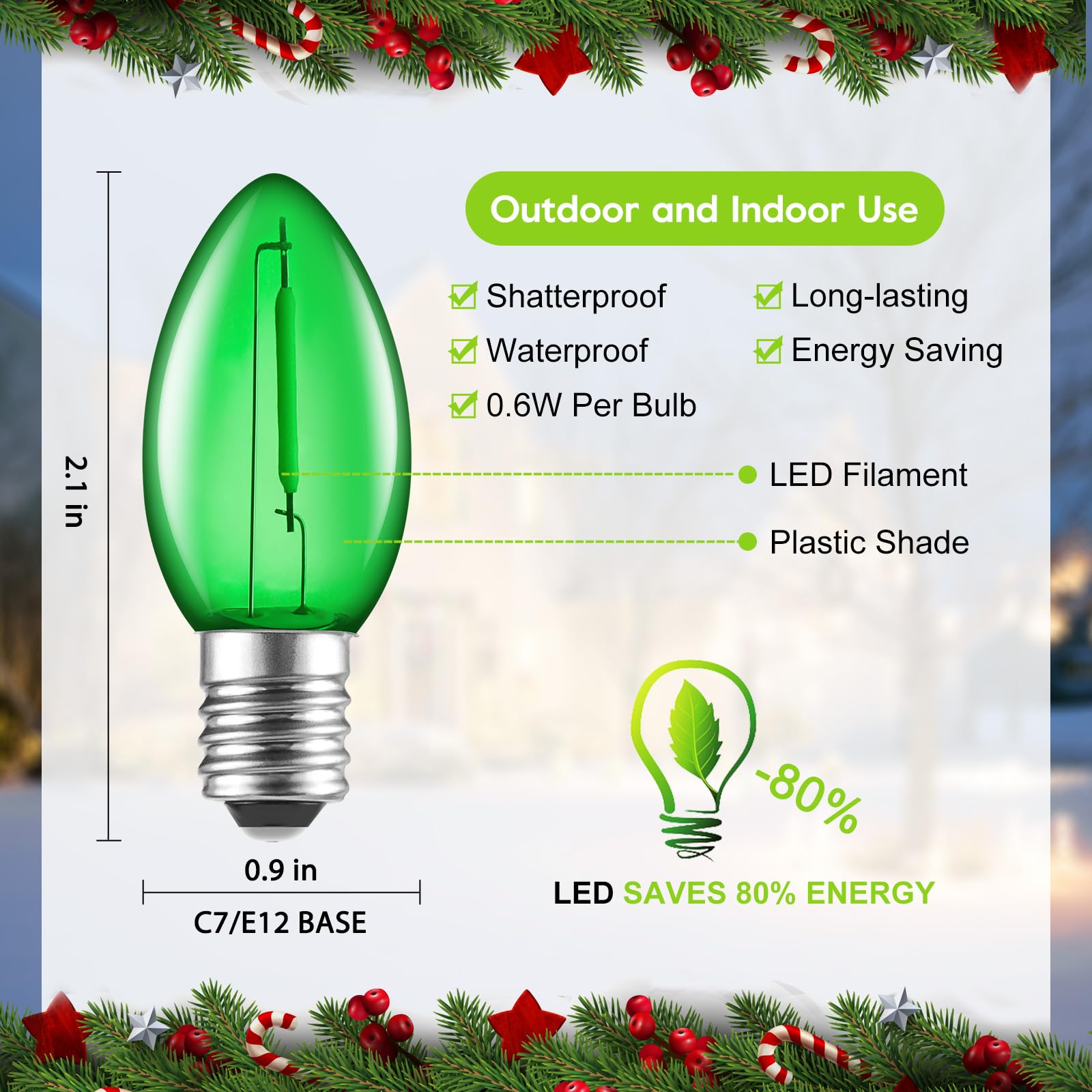 Green C7 Led Replacement Christmas Light Bulb, E12 C7 Shatterproof Replacement Bulbs,Commercial Grade Dimmable Holiday Bulbs For