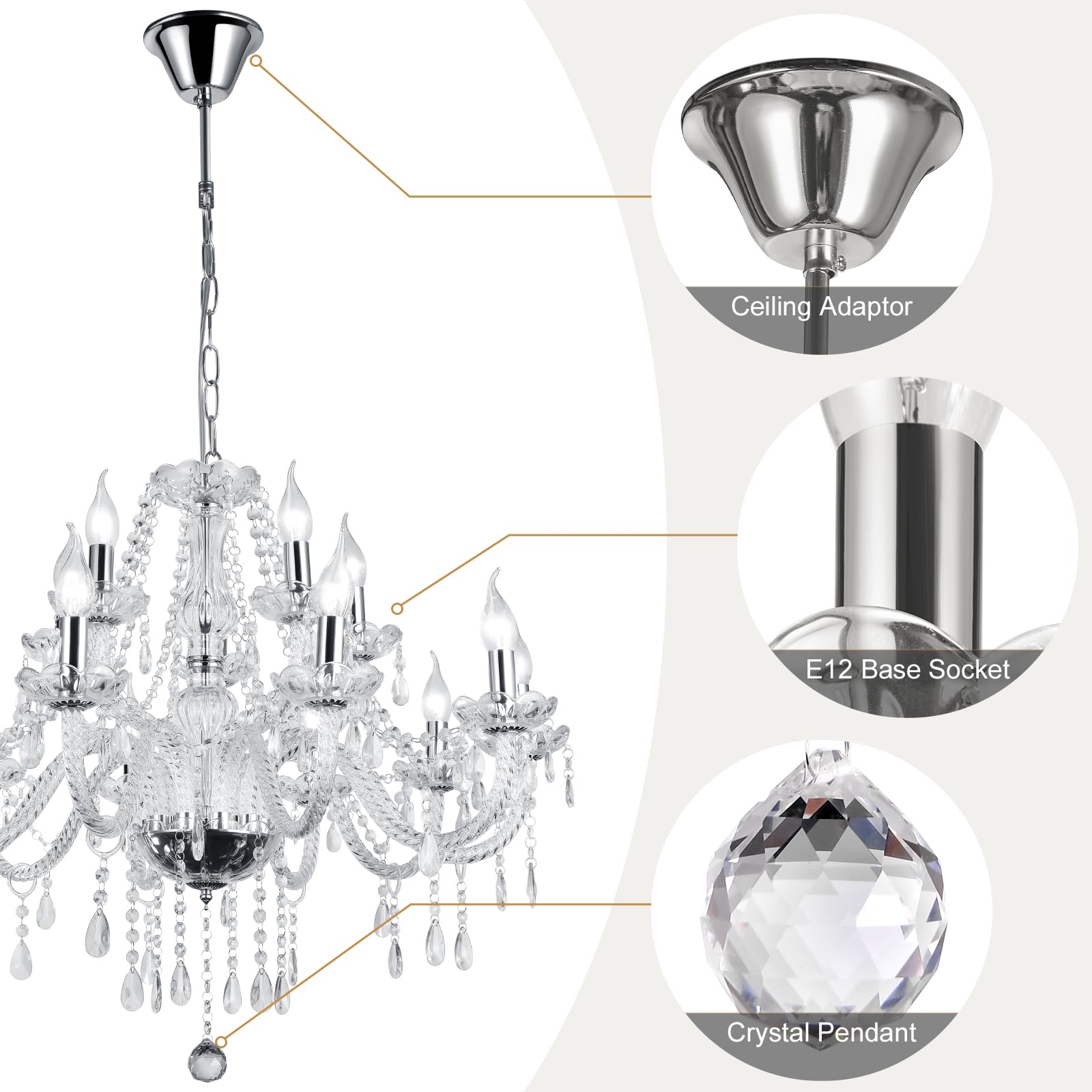 Baotree Modern Elegant 12 Lights K9 Crystal Glass Chandelier Silver Pendant Ceiling Lighting European Style For Dining Living Ro
