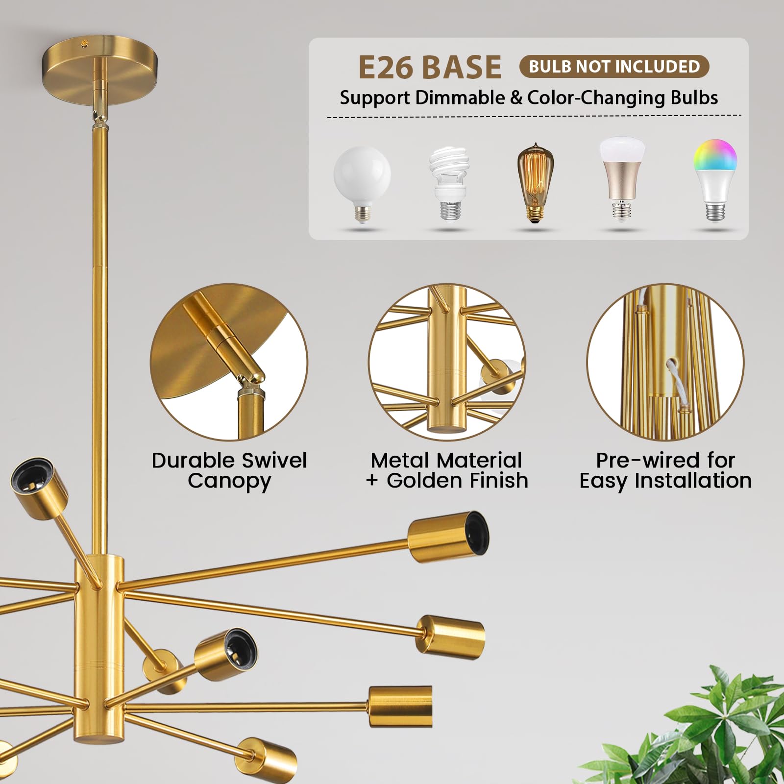 KAISITE Modern 12-Light Gold Sputnik Chandelier, Height Adjustable, Mid Century Industrial Fixture for Dining Room, Kitchen, Living Room