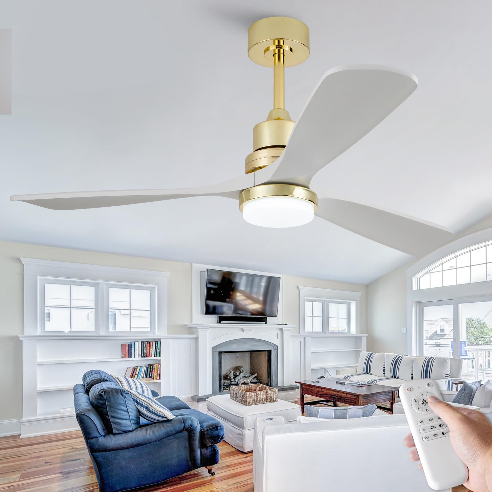 BOJUE 52" Gold Ceiling Fan with Lights, White Solid Wood Blades, Remote Control, Modern Design for Indoor/Outdoor Use