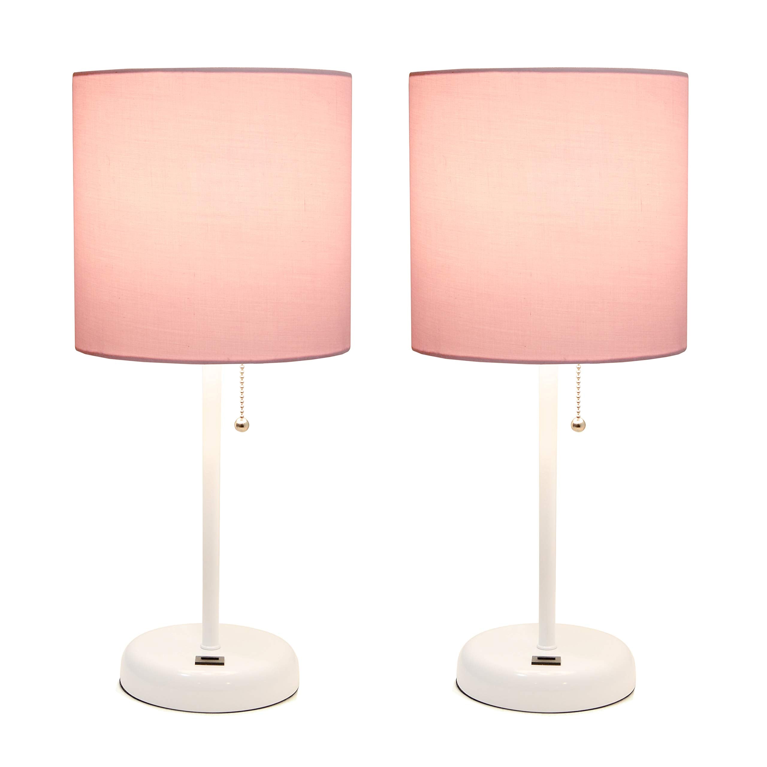 Simple Designs Lc2002-Pow-2Pk White Stick Table Lamp Set With Usb Charging Port And Light Pink Fabric Shades, 2 Pack Set