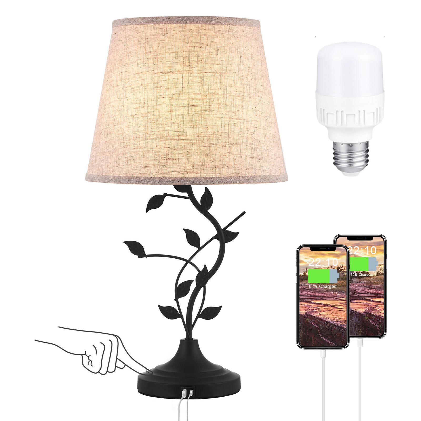 Kakanuo USB Touch Table Lamp Bedside Lamp with USB C Charging Ports for Living Room, Beige 3 Way Dimmable Traditional Nightstand