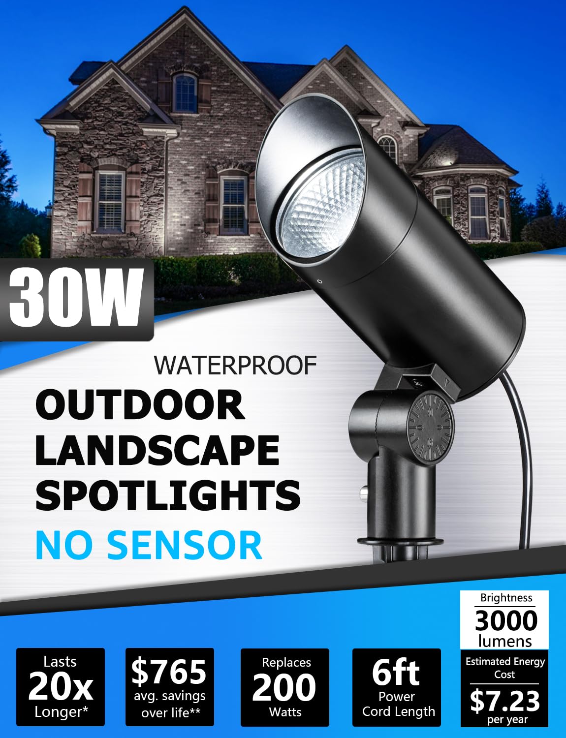 Sunvie 30W Led Spot Lights Outdoor 5000K Daylight Flag Pole Light 120V Plug In Spotlight Outdoor With Us 3-Plug Waterproof Flag