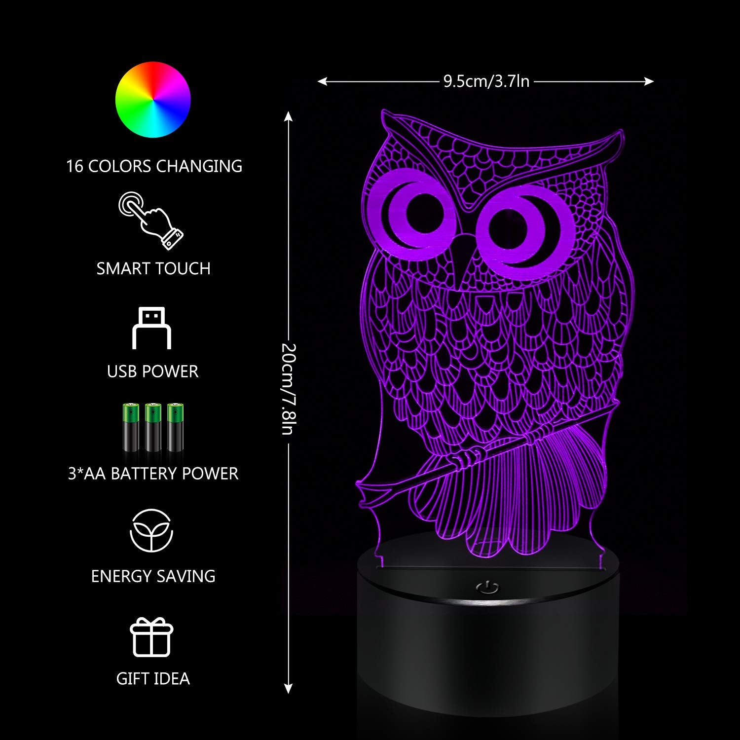 Bassi 3D Owl Lamp - Touch & Remote Control, 16 Color Night Light For Kids & Gifts