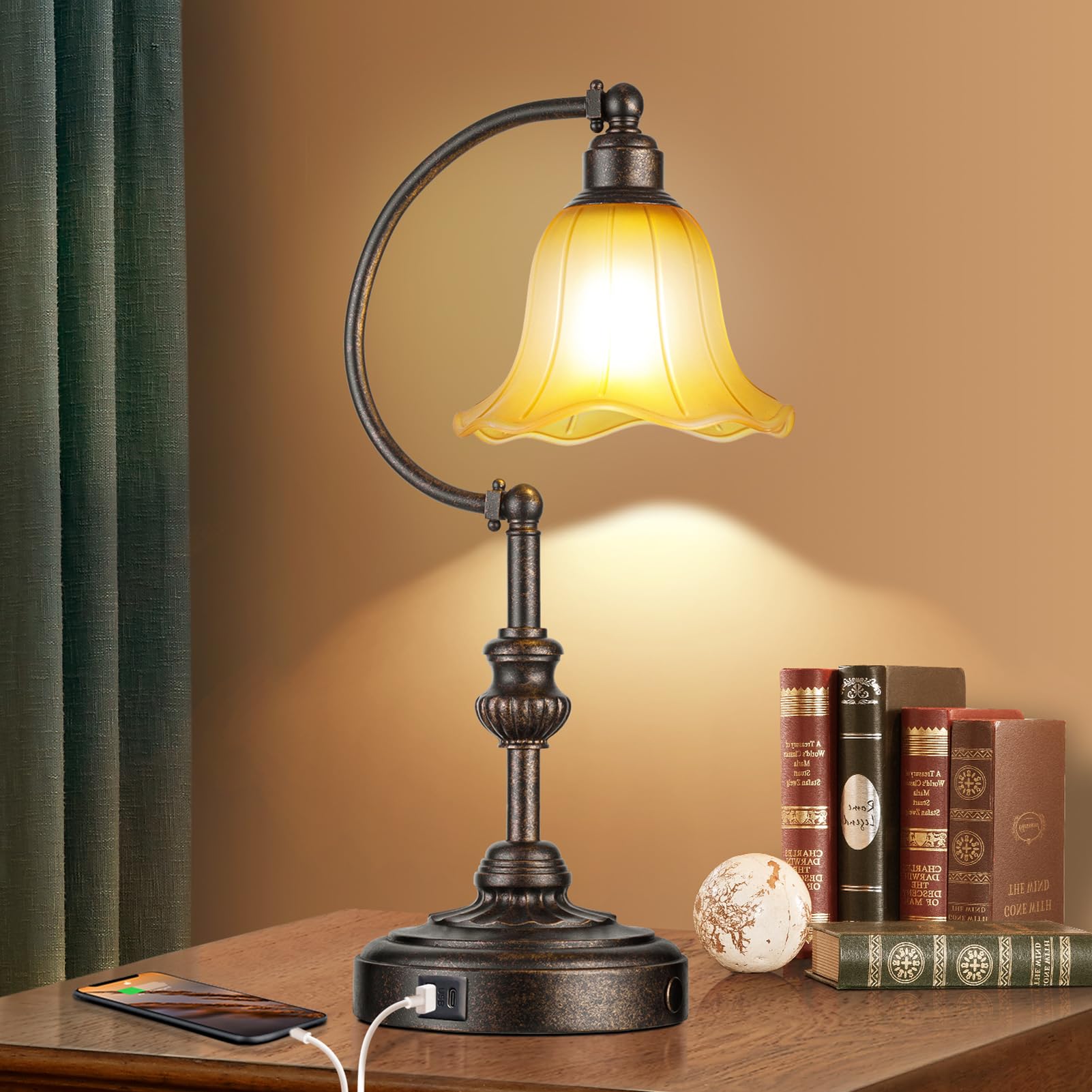 RORIA Touch Farmhouse Table Lamp, 3-Way Dimmable, Bronze Metal, USB Ports, Vintage Amber Glass Shade, Model LM-8922