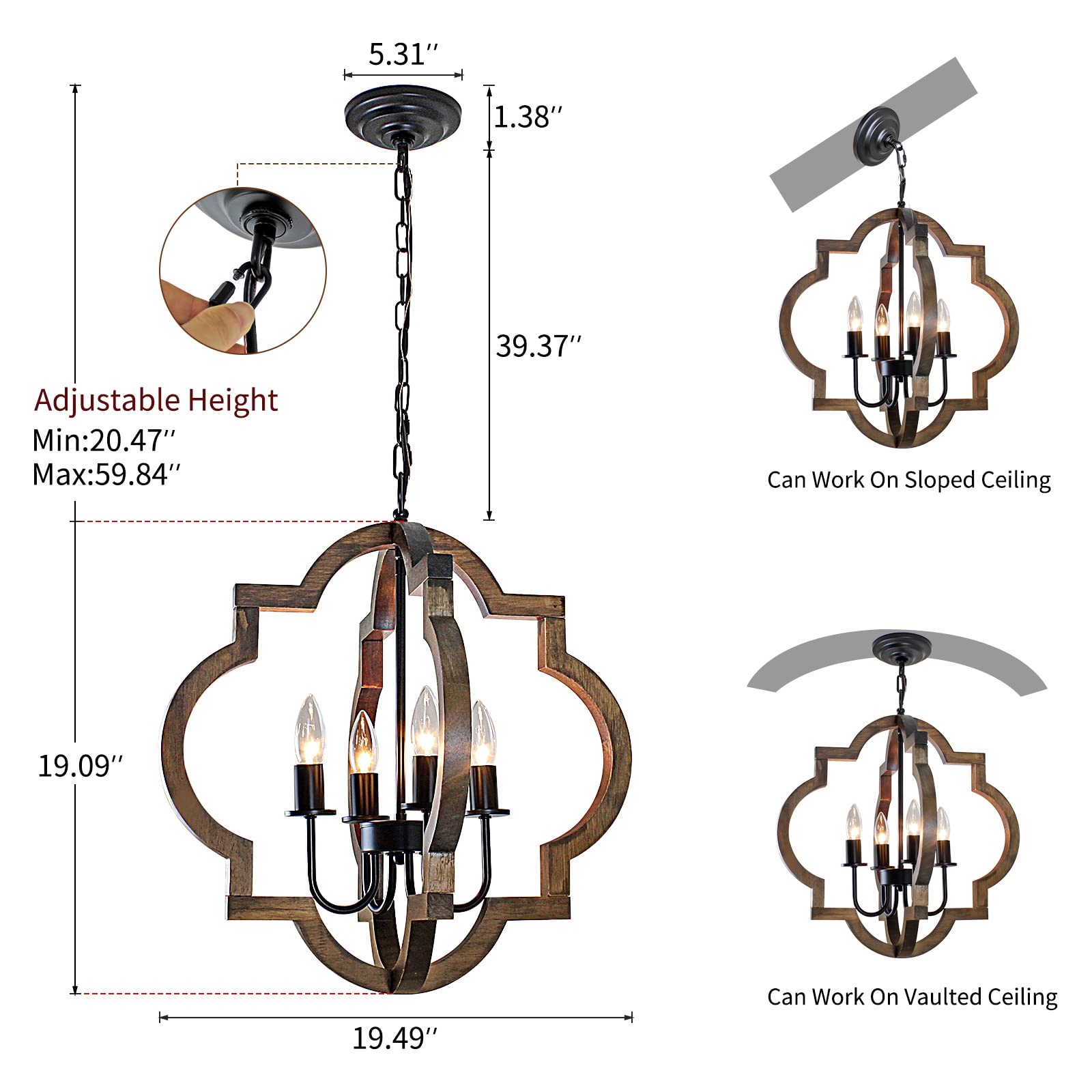 Rviezza 19.49'' Farmhouse Wood Chandelier, 4-Light Rustic Dining Room Light Fixture, Orb Chandelier Light Adjustable Height, Pendant Lighting For Kitchen Island Foyer Living Room Over Dining Table